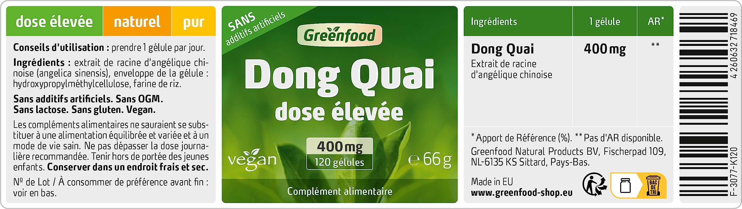 Greenfood Dong Quai, 400 mg, extrait à dose élevée (10:1), 120 gélules - SANS additifs artificiels, sans génie génétique. Vegan.