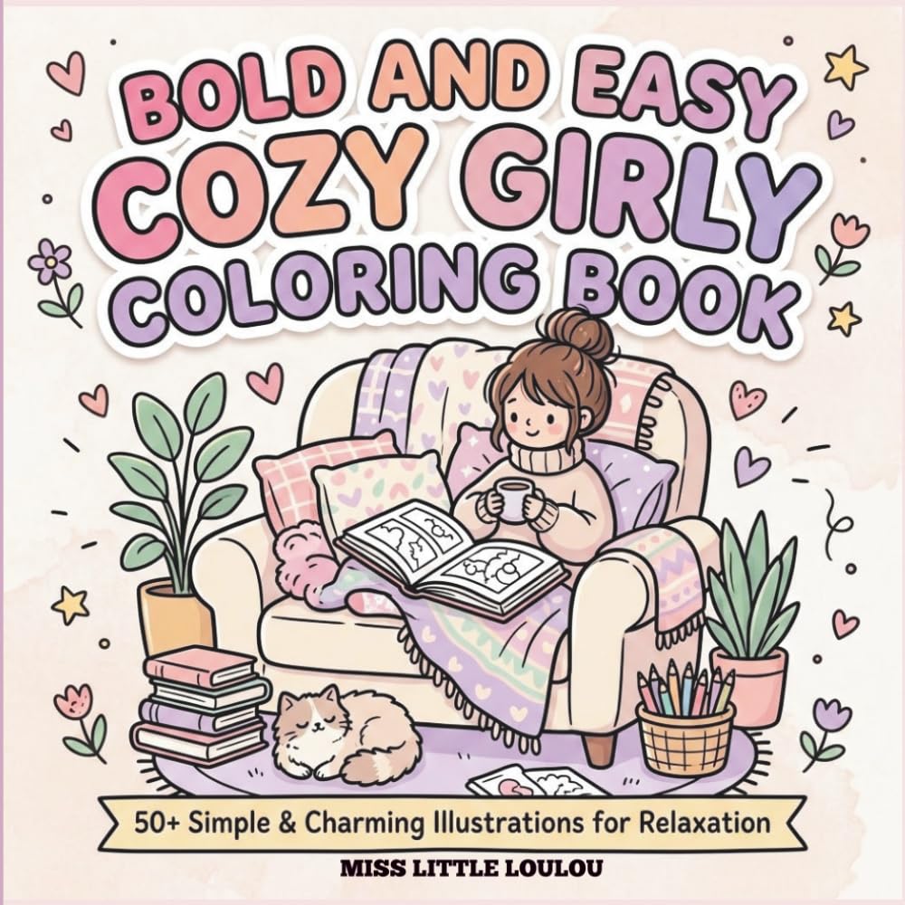 BOLD-AND EASY COZY GIRL COLORING BOOK: Bold & Easy Coloring Pages Featuring Cozy Self-Care Moments, Aesthetic Beauty Items, Cute Accessories, and Relaxing Girly Vibes