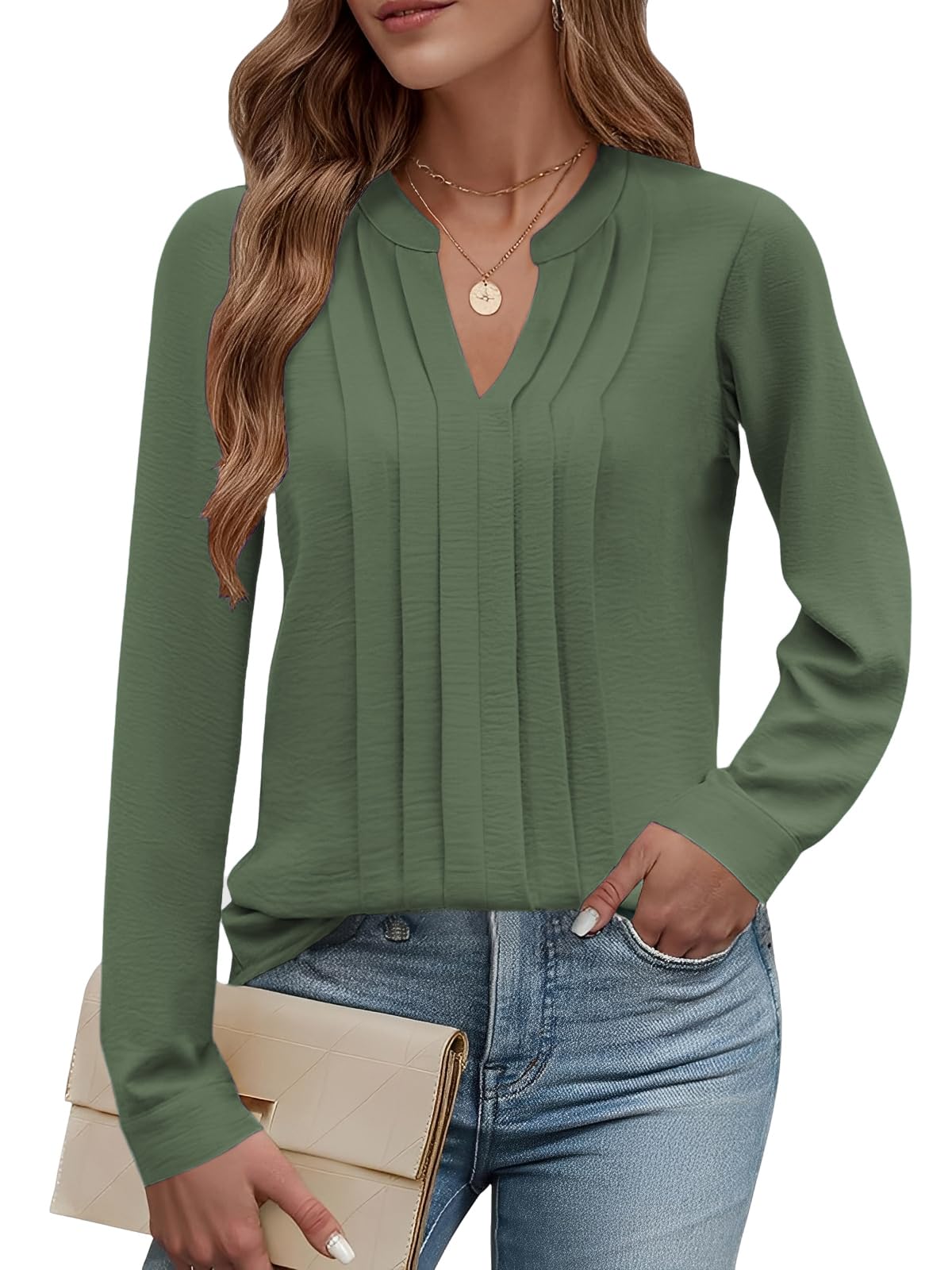 Cuptacc Bluse Damen V-Ausschnitt Tunika Damen Herbst Elegant Langarm Festliche Blusen Lässige Blusenshirt Armee Grün, Mittel M 38-40