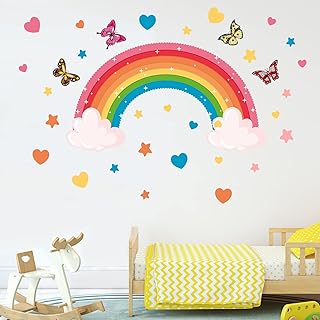 Large Rainbow Wall Decals, Removable Rainbow Wall Stickers Rainbow Wallpaper Colorful Rainbow Stickers Star Butterfly Heart Wall Art Stickers for Girls Bedroom Nursery Kids Room Home Window Decoration