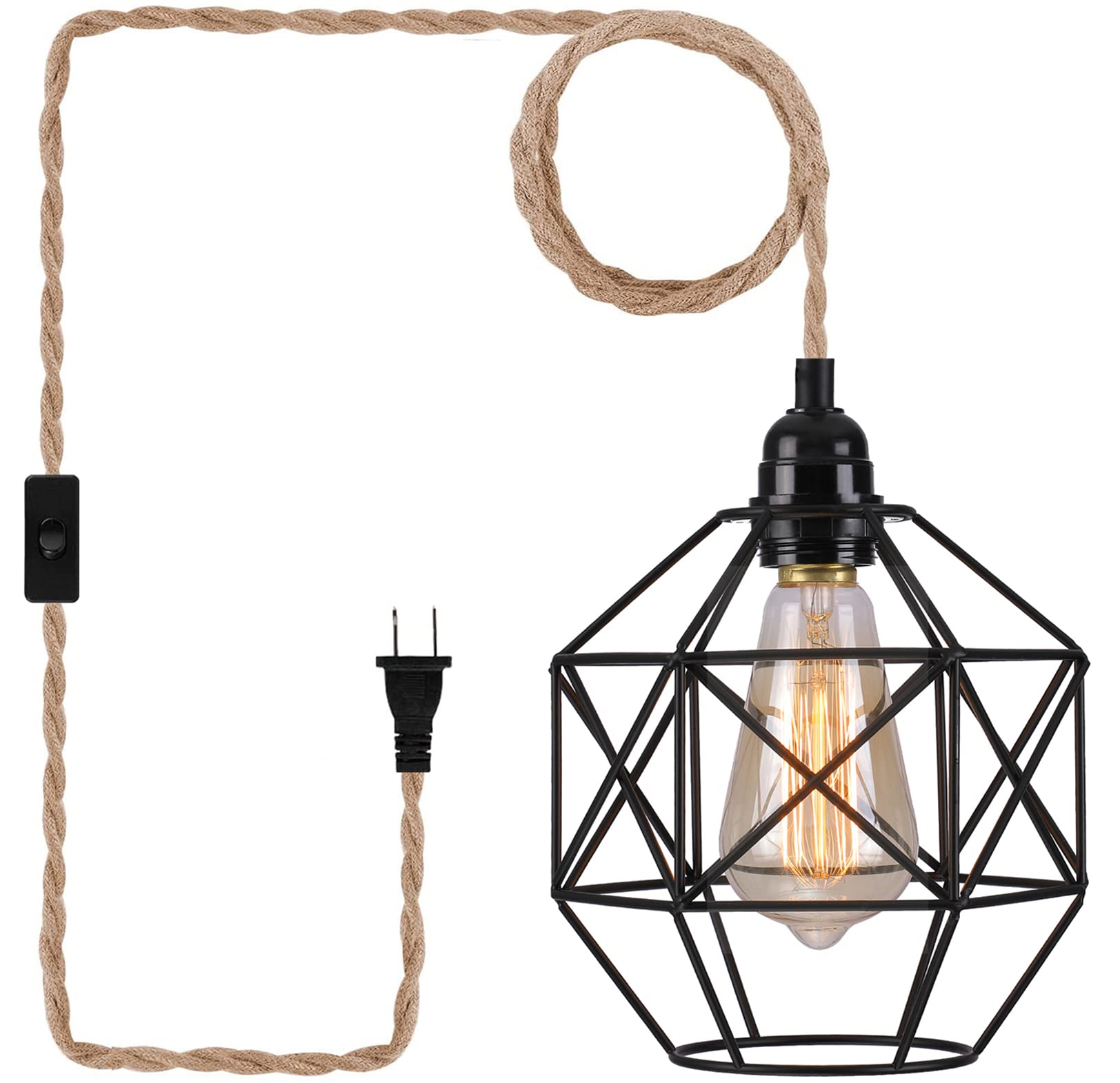 Plug in Pendant Light Industrial Hanging Lamp Kit with Switch Hemp Rope