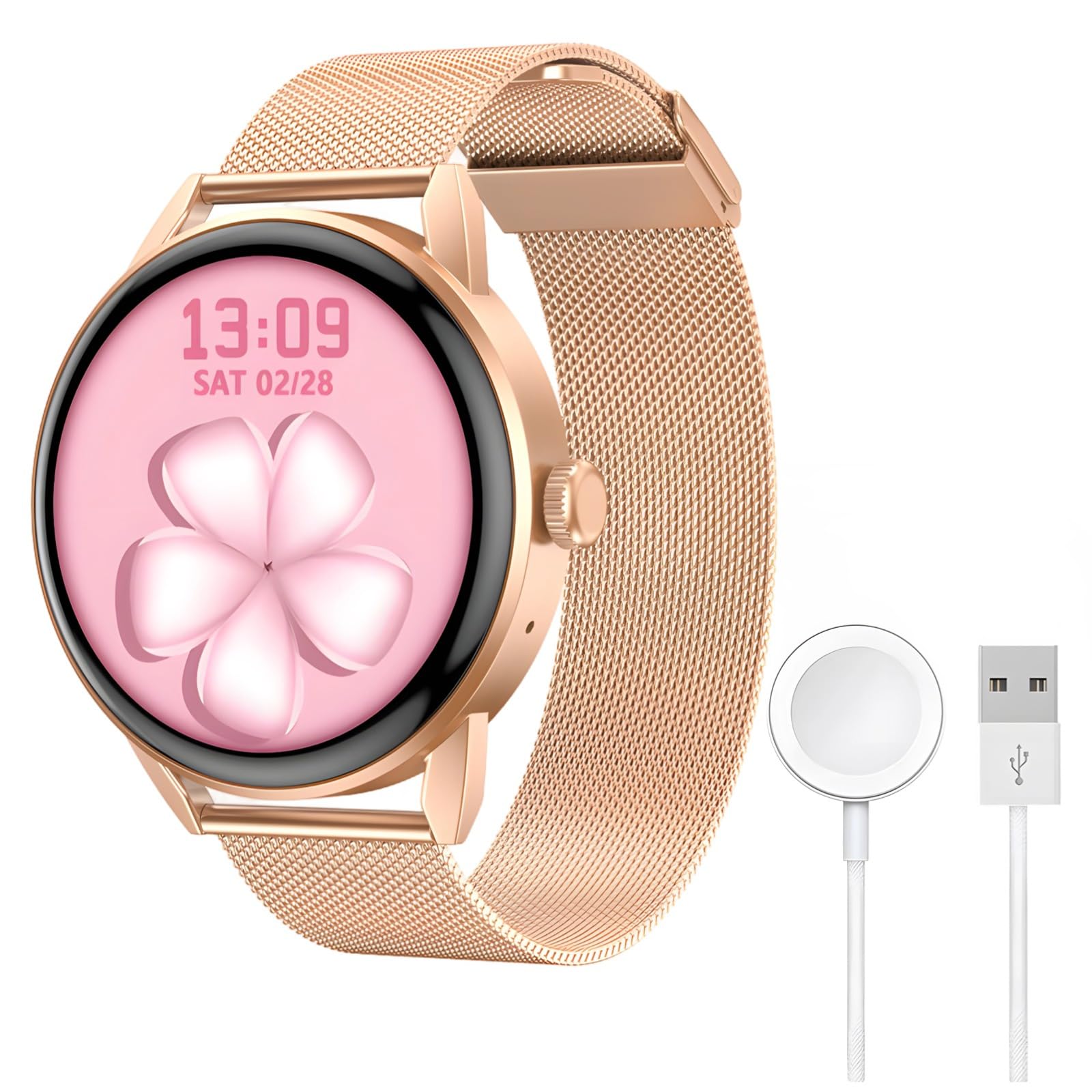Smartwatch dla kobiet: okrągły wyświetlacz, połączenia bezprzewodowe, NFC, monitor tlenu we krwi i serca, różowe złoto fitness dla i Androida
