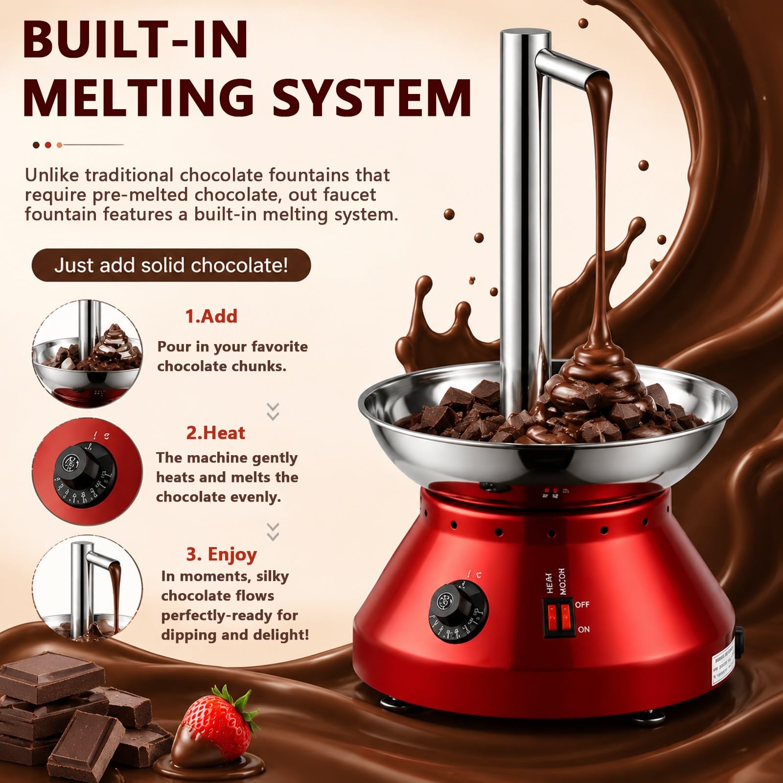 Macchina per fontana di cioccolato per feste in casa, riscaldamento professionale con distribuzione uniforme del calore, cuscinetto a prova di perdite, include raschietto per eventi e celebrazioni