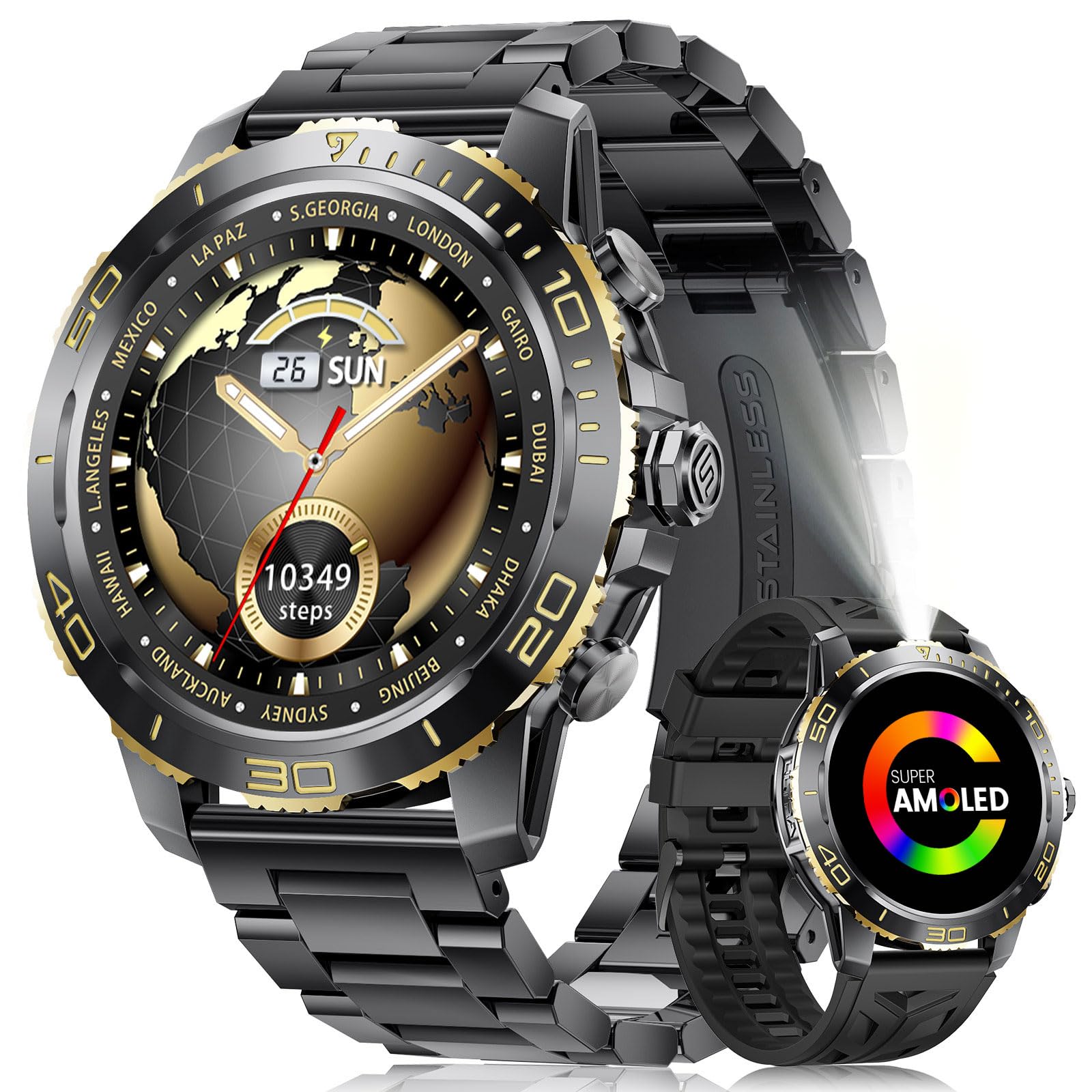 Reloj Inteligente Hombre con Linterna/800mAh Batería, 1.43″ AMOLED Lujo Smartwatch Hombre con Llamadas Bluetooth, Monitor de Sueño, IP68 Impermeable, 200+ Modos Deportivos para Android iOS