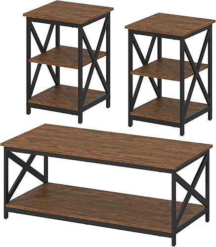 Miniatura 4 de Bigbiglife Juego de 3 mesas de centro para sala de estar, mesa auxiliar industrial de diseño X y 2 mesas auxiliares, juego de mesa de sala de estar