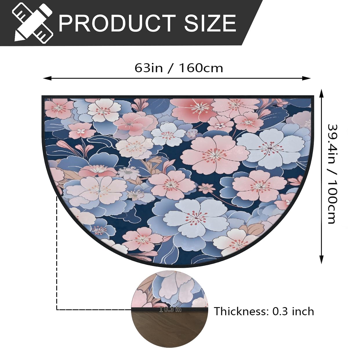Mexpekil Paillasson japonais motif floral de cerisier en demi-lune pour intérieur et extérieur - Tapis de sol antidérapant - Lavable - Demi-cercle - Attrape la saleté - 100 x 160 cm