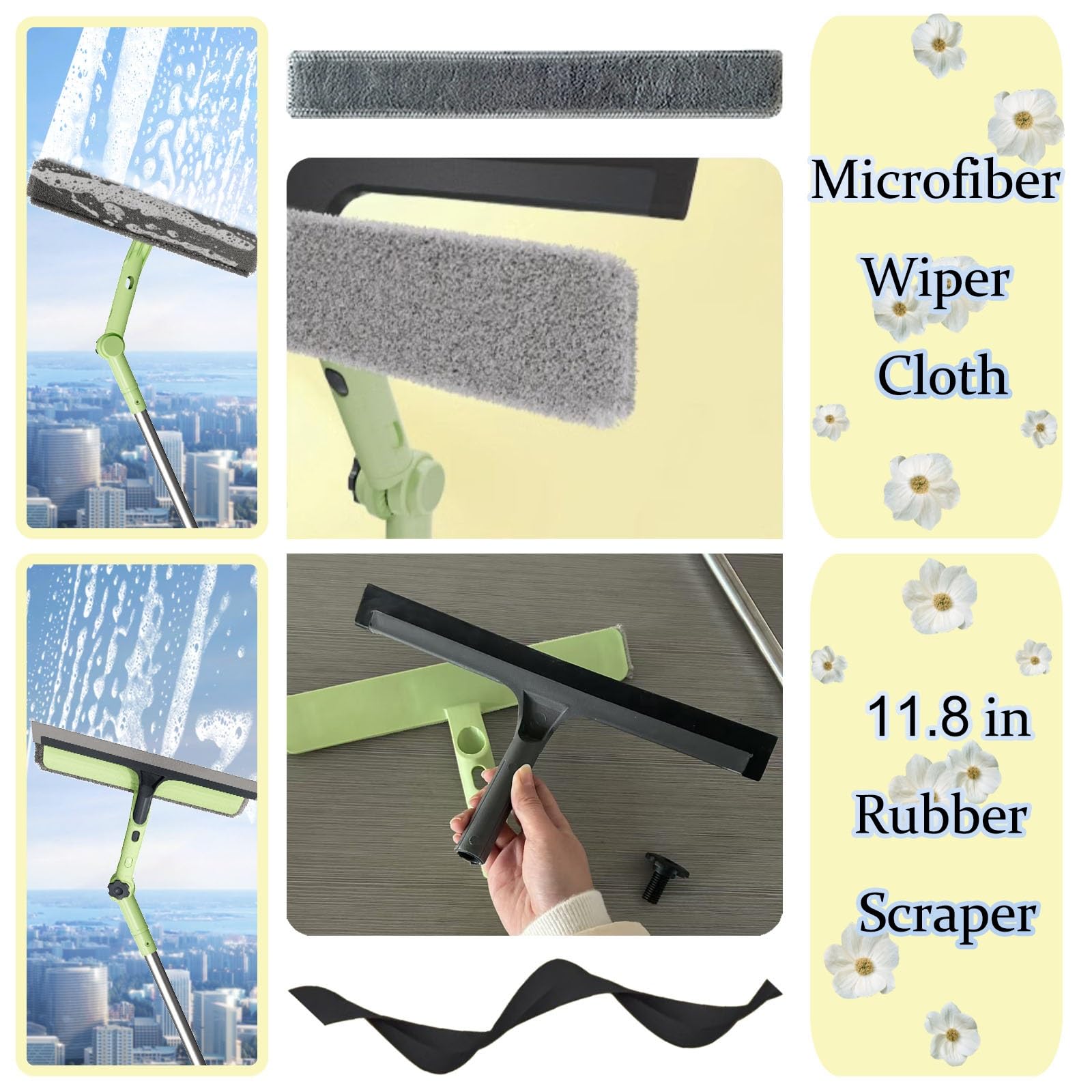Herramienta de Limpieza de Ventanas 2 en 1 Verde para Coche, Kit de Limpieza de Ventanas con Palo telescópico y (3) paños de Microfibra, limpiacristales/Coche/Suelo/Puerta