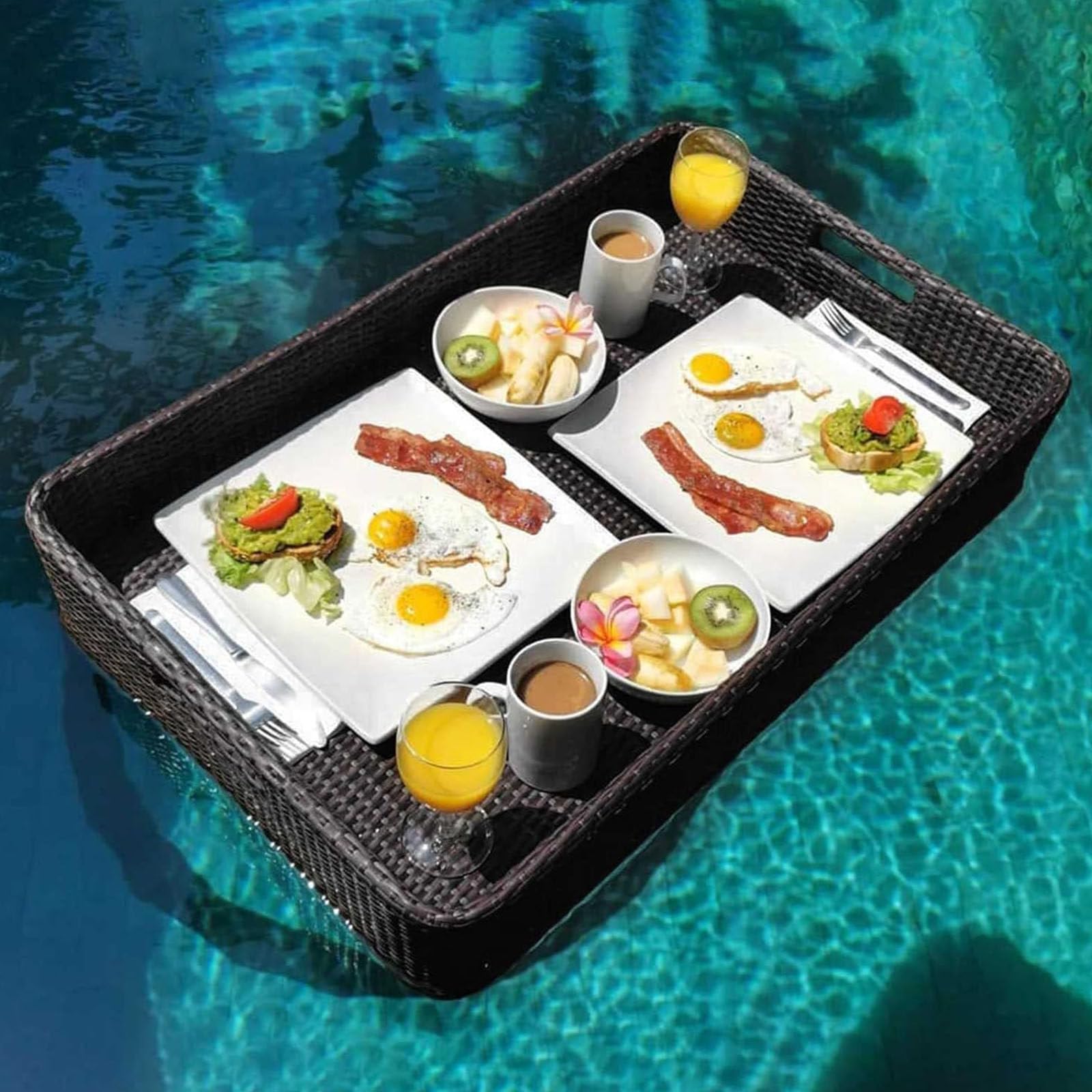 Vassoio da Piscina Galleggiante in Rattan,Vassoi da Portata Galleggianti di Lusso Bar da Tavolo,per Adulti Spa E Feste Servizio Fotografico,Brown-80 * 60 * 15cm