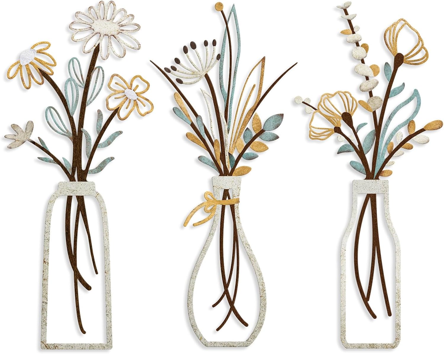 Pigort 3 Pieces Metal Flowers Wall Arts - Rustic Farmhouse Decor Beige Minimalist Flower Wall Decors for Living room Bathroom Bedroom Dining Room