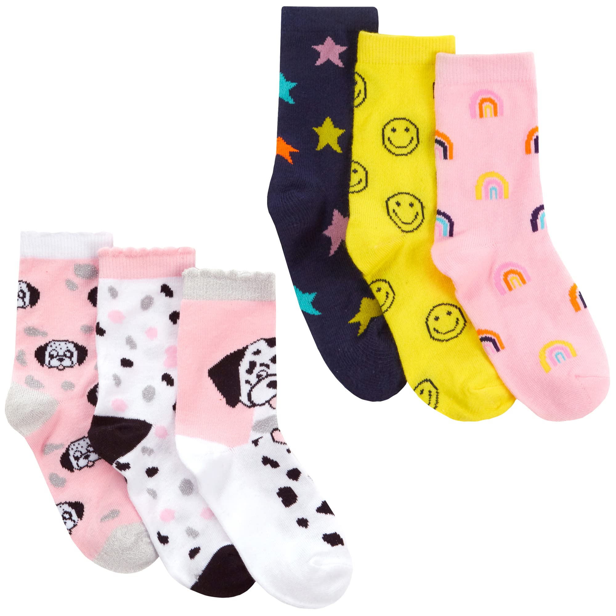 Metzuyan Kids Girls Cotton Rich Crew Funky Everyday Bright Colourful Rainbow Stars Socks Rainbow & Dog - 6 Pairs