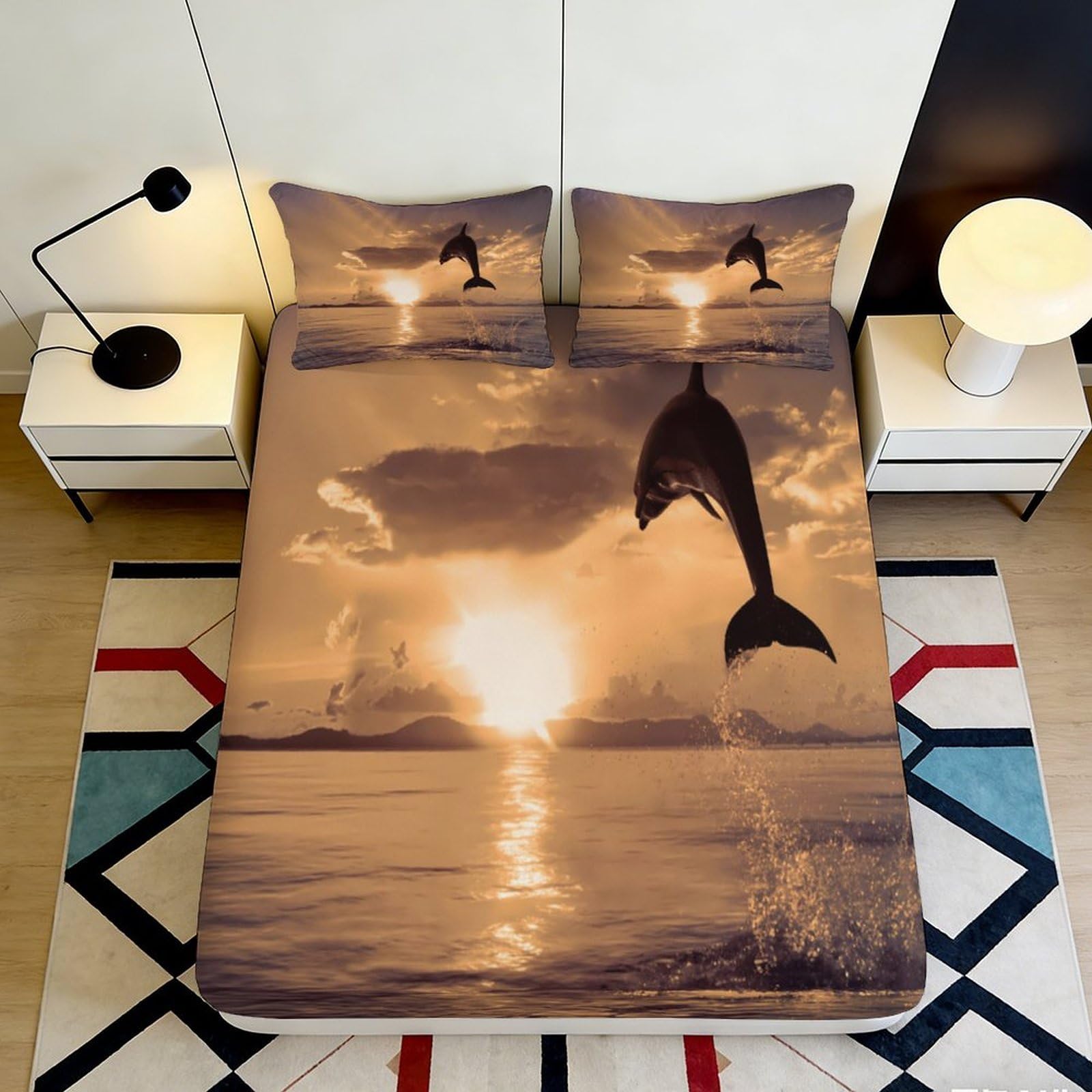 3D Printed Dolphin Sunset Fitted Sheet Microfiber Soft Breathable Ocean View Bed Cover for Bedroom Dormitory Guest Room Mattress Protection 140x200x25cm