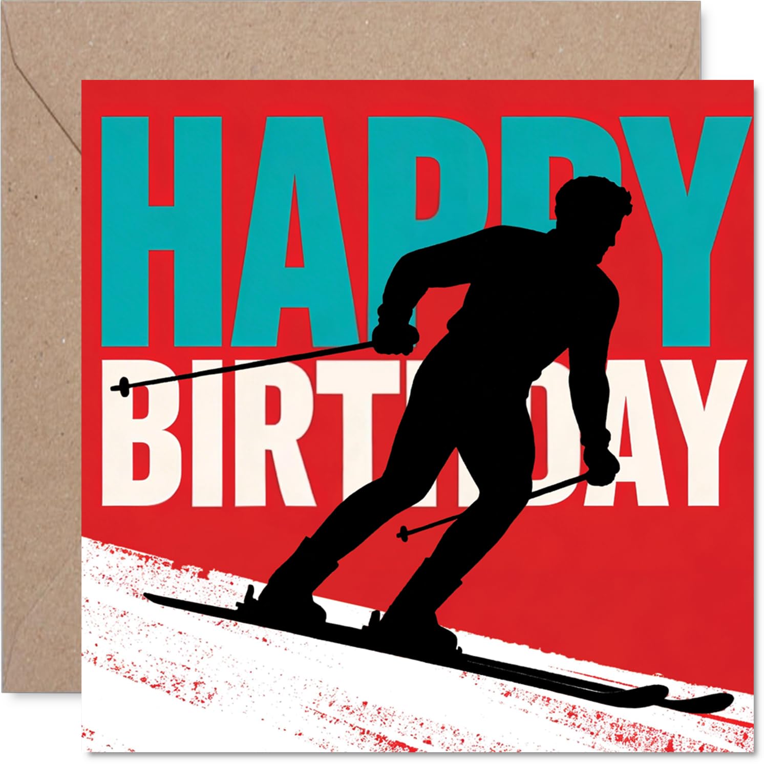 Playful Birthday Card - Hit the Slopes in Style - Bold Skier Silhouette on Vibrant Red - Energetic Birthday Vibes for Sports Lovers - 145mm Square, Envelope Included