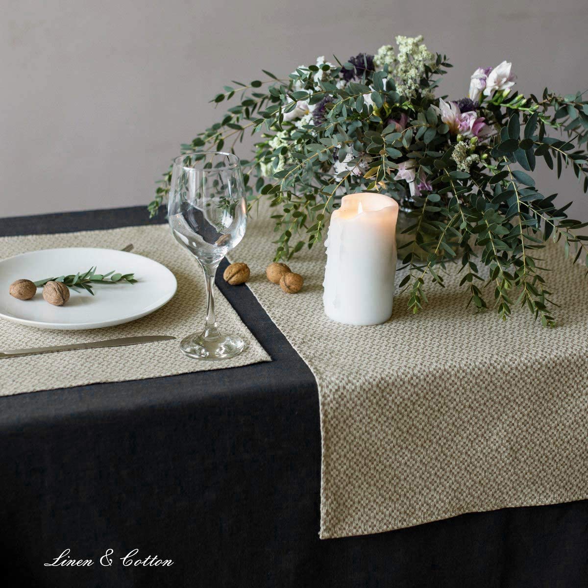 Linen & Cotton Hübscher Dekorativer Tischläufer Stoff Tischband Tischwäsche Decorus - 44% Leinen, 56% Baumwolle, Beige Weiß Weiss (45 x 270 cm) Läufer Couchtisch Tisch Decken für Home Küche Event