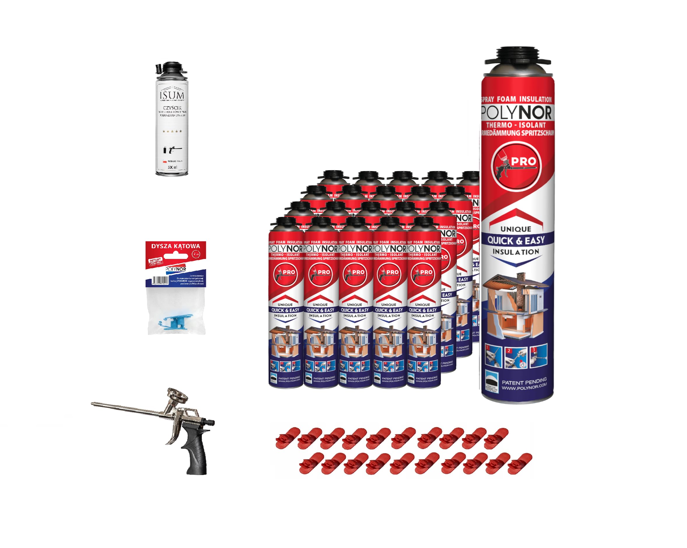 POLYNOR Izolacja Cieplna PUR w Puszce PRO - Pełny Zestaw - 20 Pianek - Pistolet do piany - Natryskowa Izolacja Termiczna - Izolacja Ścian, Dachów, Sufitów, Rur - Aerozol 750 ml