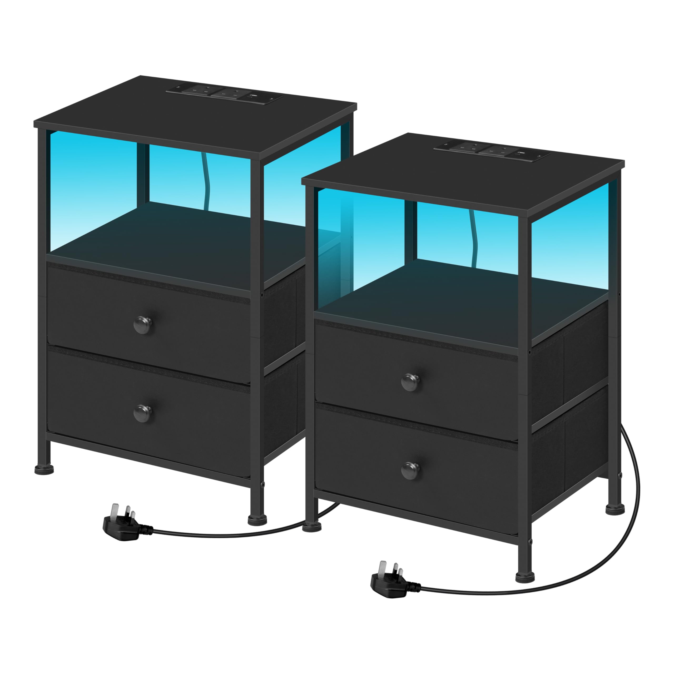 WOLTU Set of 2 Bedside Tables with Charging Station, Nightstands Bedside Cabinets with LED Lights, 2 Drawers 1 Open Shelf, Side Tables for Living Room Bedroom Office, Black, NTS27sz-2