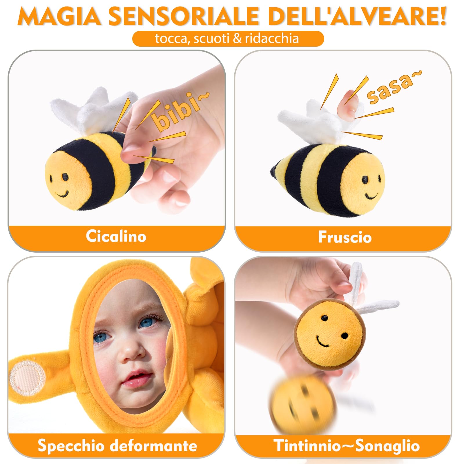 Loyzico Giochi Neonato 6-12 Mesi Alveare con 5 Api Sensoriali, Montessori Giochi Bambini 1 Anno, Sonaglio, Specchio -Regalo Bambina 6 9 12 18 Mesi Maschio Femmina