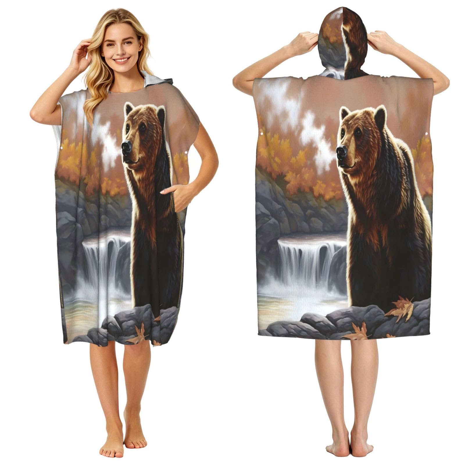 DTHKJNLSF The Bear By The River Adult Hooded Beach Poncho Towel