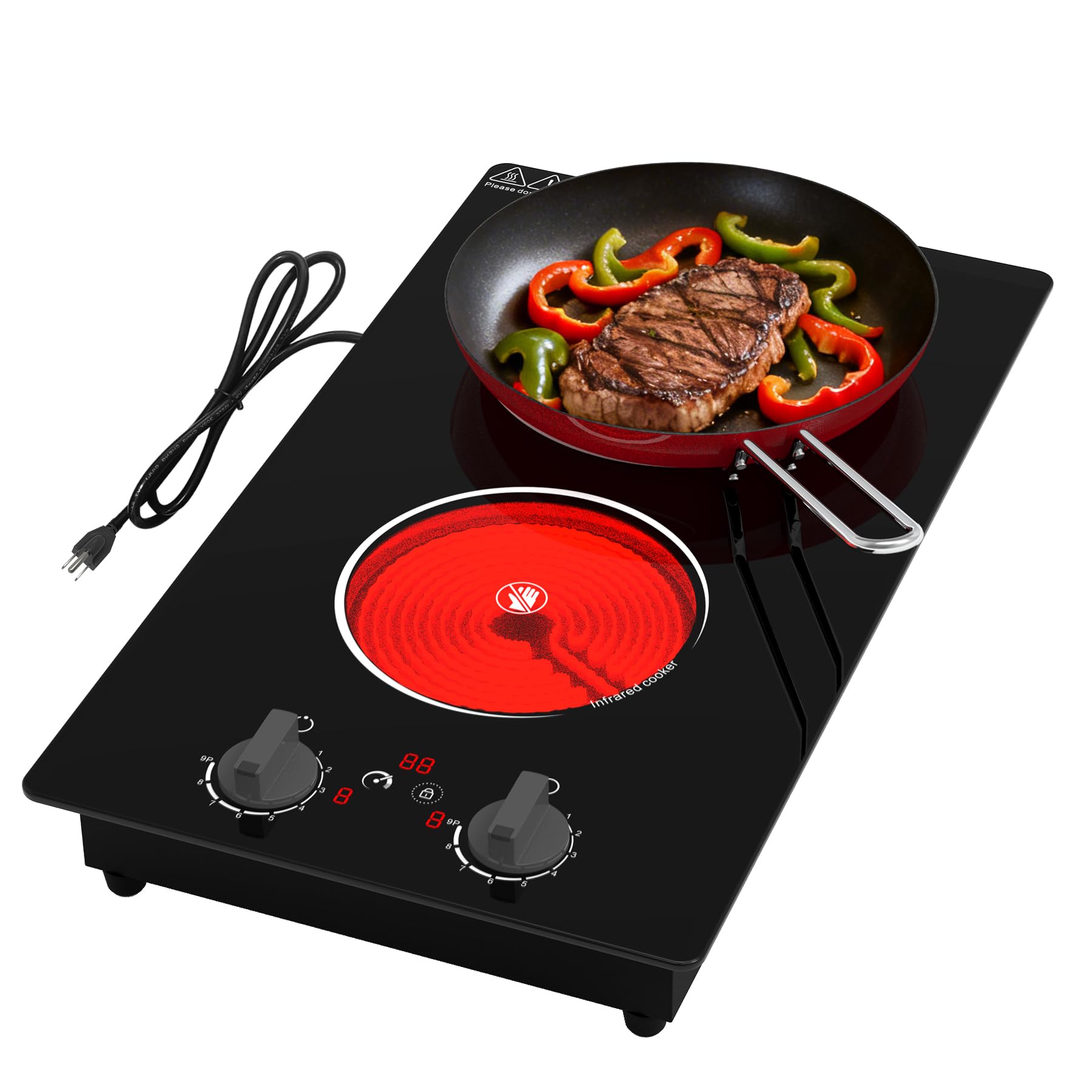 GIHETKUT Electric Cooktop,110V 2100W Stove top,Countertop and Built-in 2 burner cooktop,9-speed power, child safety lock, timer, knob and touch control 2 burner Electric cooktop