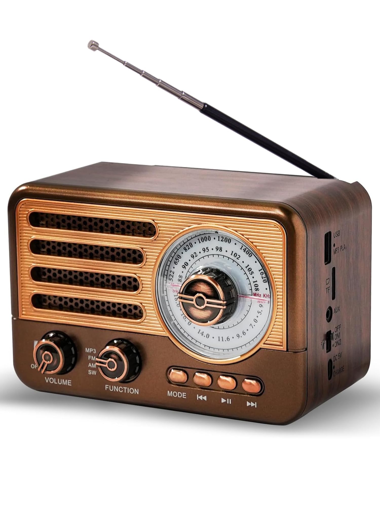 Cason FR22 Fm Radio for Home with Speaker,Vintage Radio with USB & Bluetooth-Retro Radio Portable Music Player with Transistor Frequency Knob Meter,SD Card,Headphone Jack(Brown)-image-8