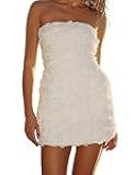 Womens Strapless Mini Dress Sexy Short Bodycon Off Shoulder Stretchy 3D Floral Appliques Tube Top Cocktail Party Dress