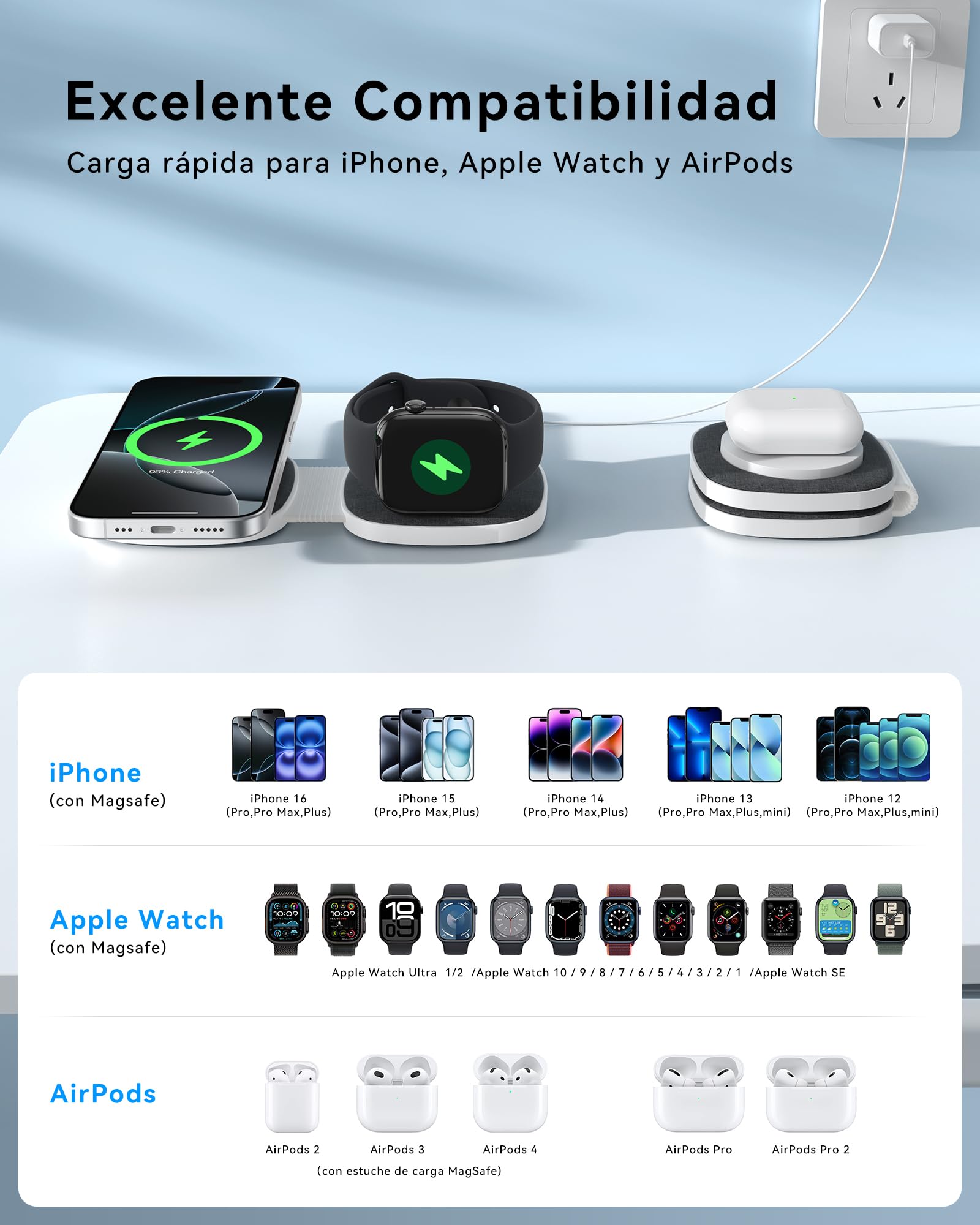2 en 1 Cargador Inalambrico para MagSafe Plegable para iPhone 17, Air, 16, 15, 14, 13, 12 Series, para Apple Watch Series 11 10 9 8 7 6 5 4 3 2 1 SE/Ultra, para AirPods Estacion de Carga