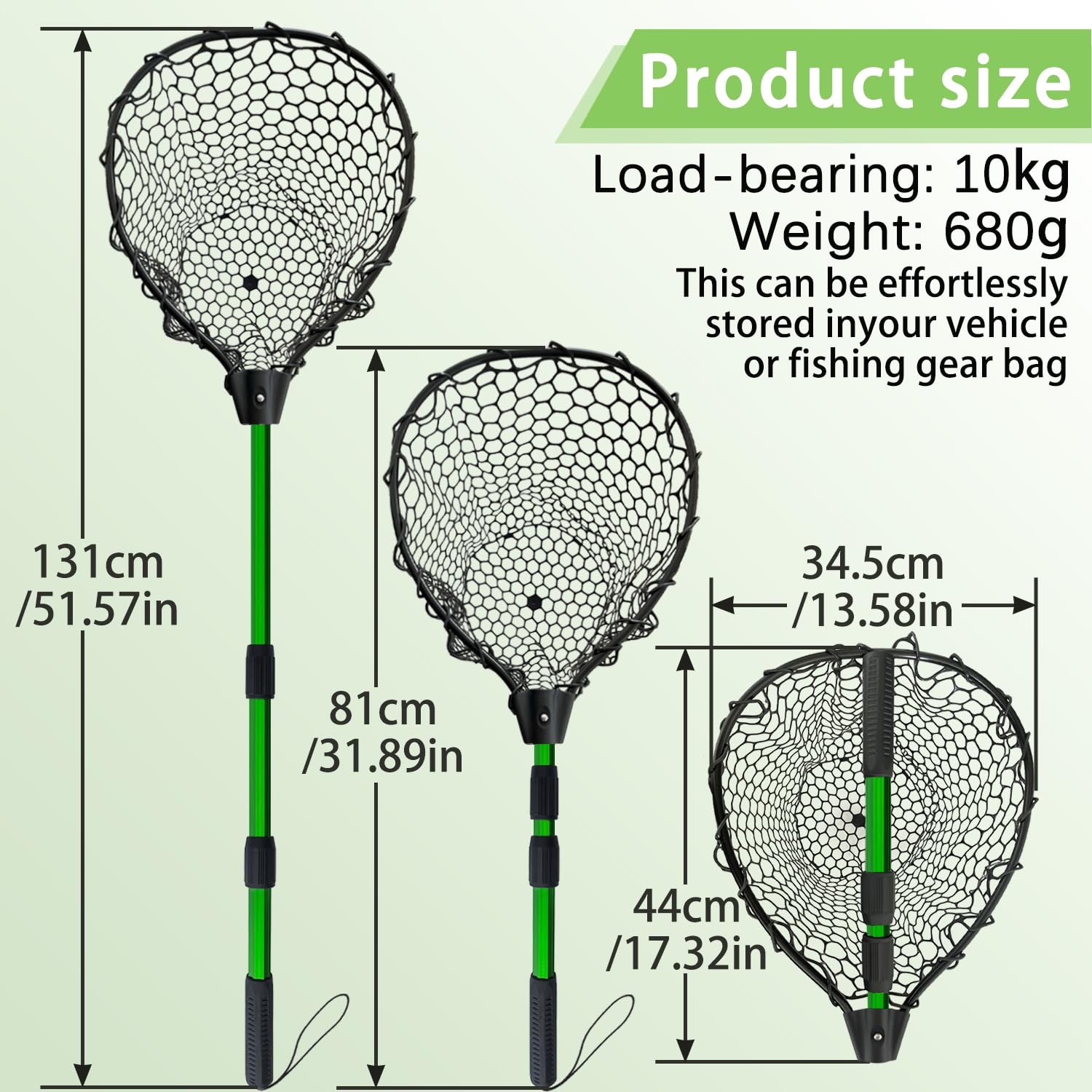 Retino da pesca in gomma con manico telescopico, reti da pesca per pesca, in lega di alluminio, manico telescopico e rete in gomma, grandi reti da pesca lunghe (verde lime)