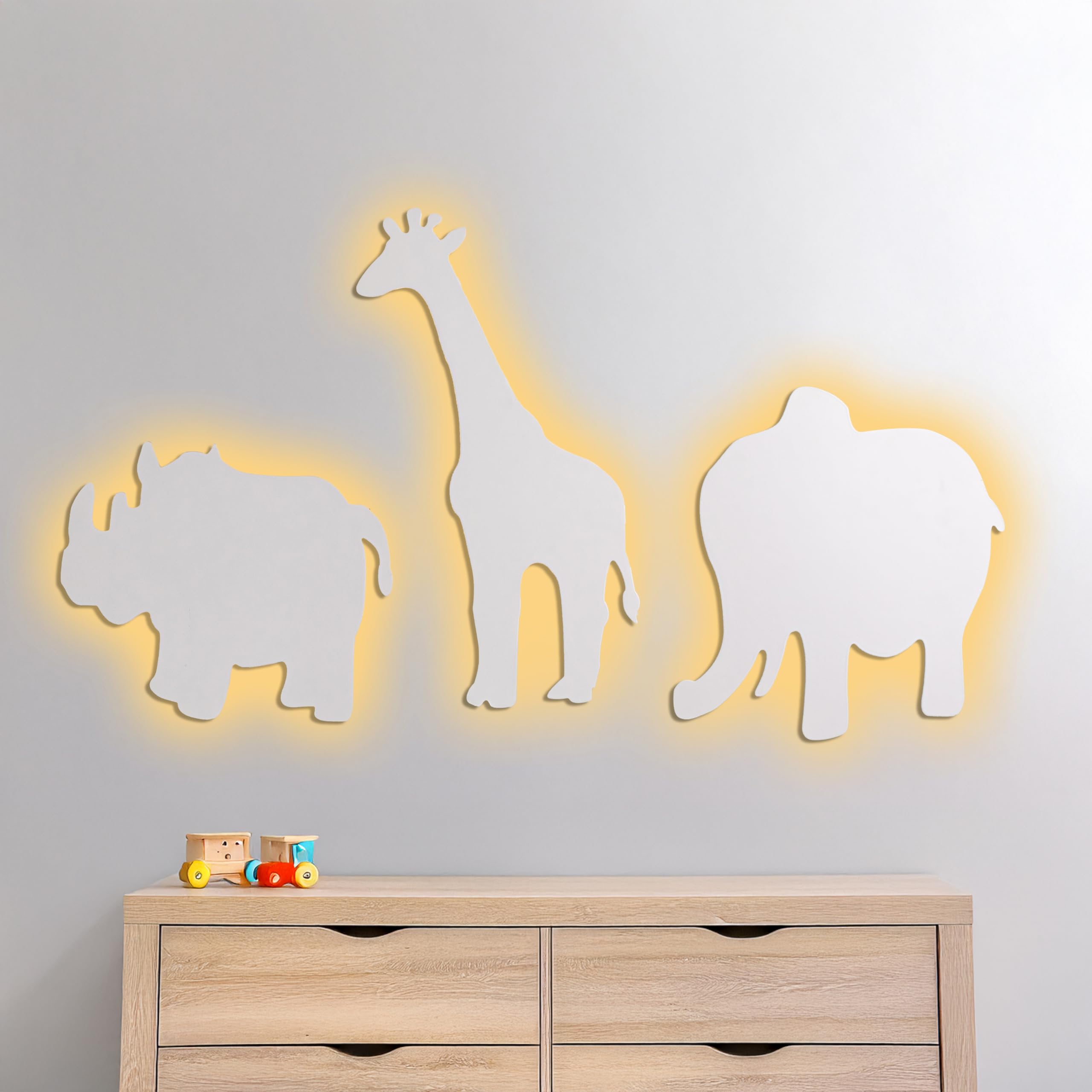 Marco Paul Lot de 3 veilleuses murales à LED pour chambre à coucher, chambre d'enfant Motif éléphant, rhinocéros et girafe