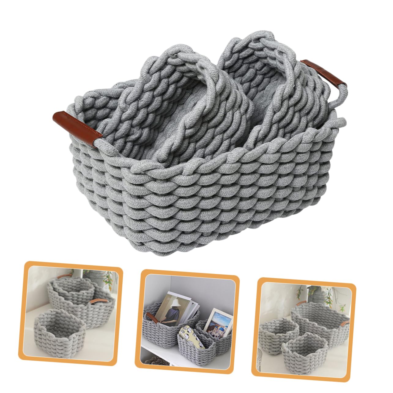 POPETPOP Cesta Tejida de Cuerda de Algodón, Juego de 1, Asa | Cuero, Estilo Nórdico Simple y Versátil, para Hogar y Cosméticos, Almacenamiento Práctico y Seguro