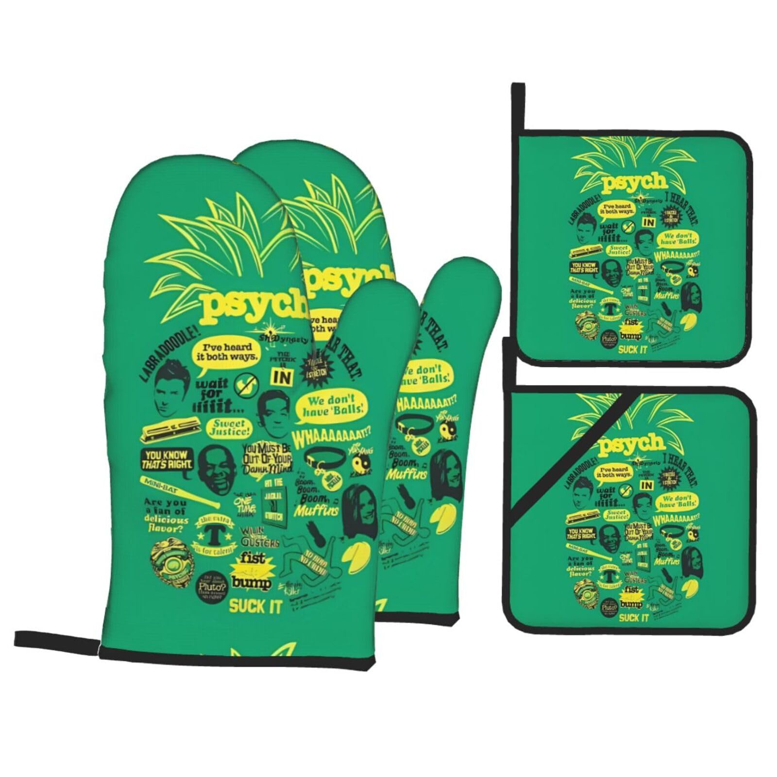 YYHHAOFA Psych pineapple quote Prints Kitchen Baking Set with Heat Resistant Pot Holders & Oven Mitts - Waterproof Layer for Hot Dishes, Grill & Microwave