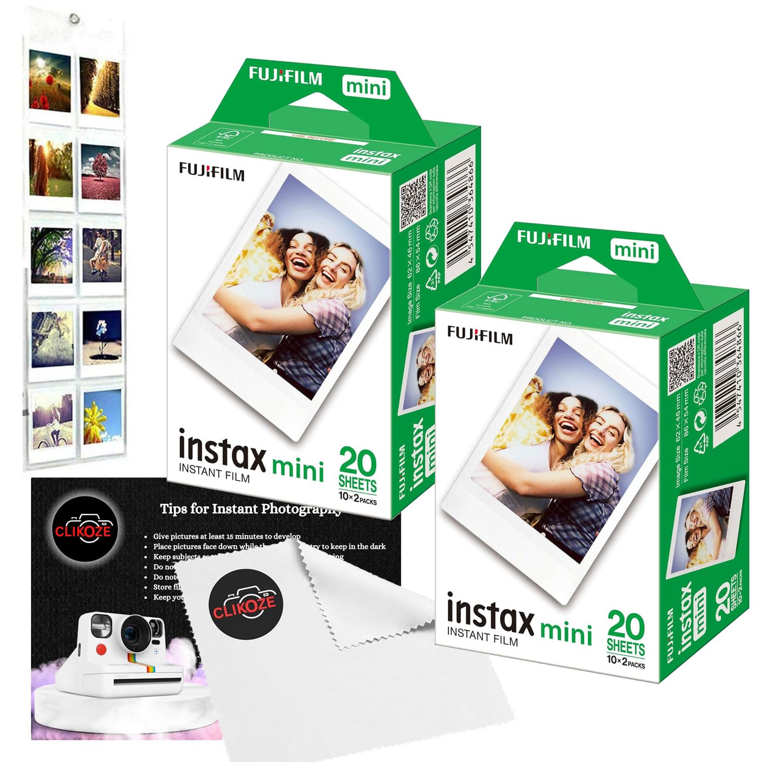 Clikoze Instant Camera Film Bundle with Mini Film x 40 Shots, Wall Hanging Album, Clikoze Lens Cloth and Instant Photography Tips Card