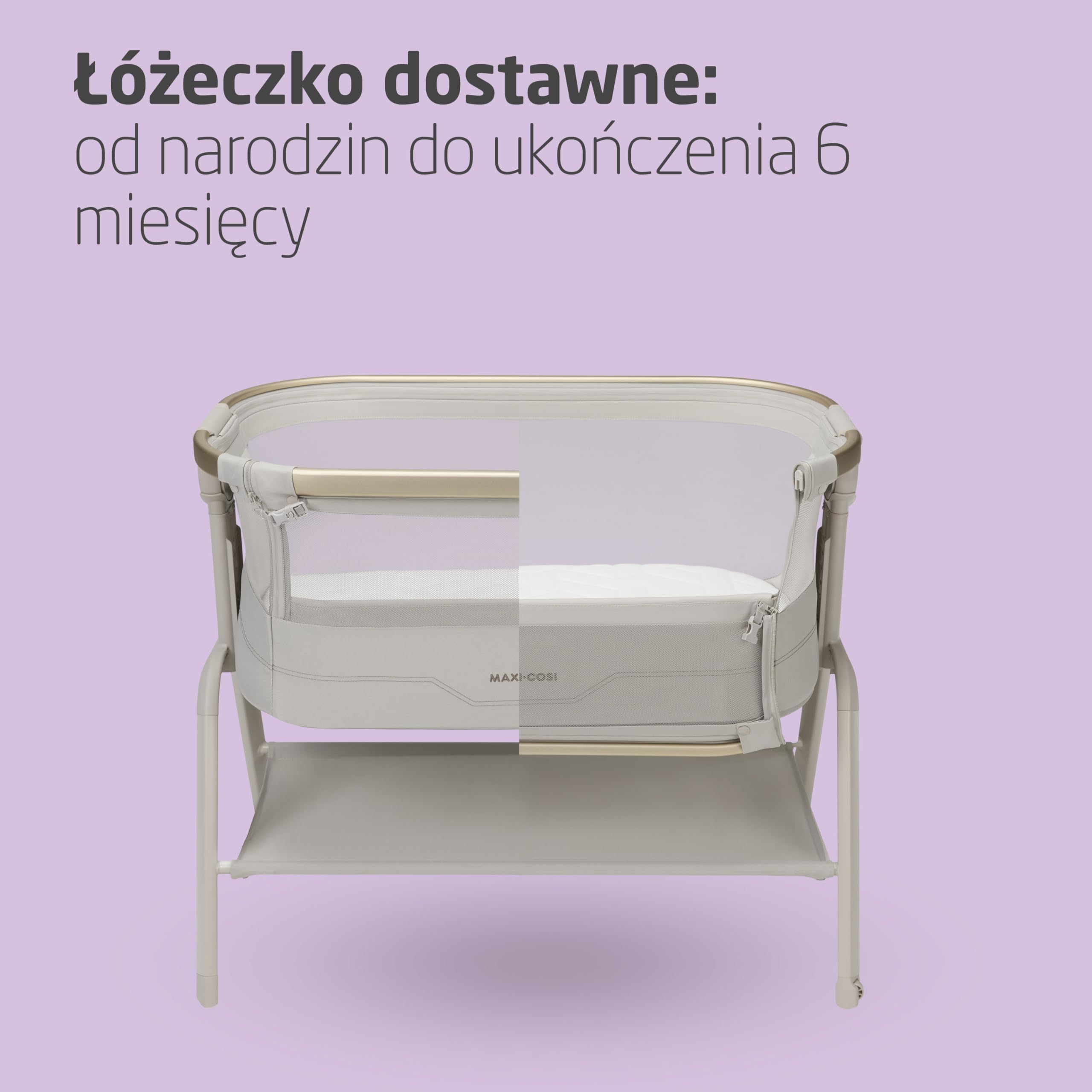 Maxi Cosi Iora² Dostawka do Łóżka, 0–6 Miesięcy (9 kg), Składane Lekkie Łóżeczko Dostawne, Materac CloudCore o Grubości 5 cm, 5 Wysokości, 2 Kółka, Łatwe Przesuwanie, Elegance Beige