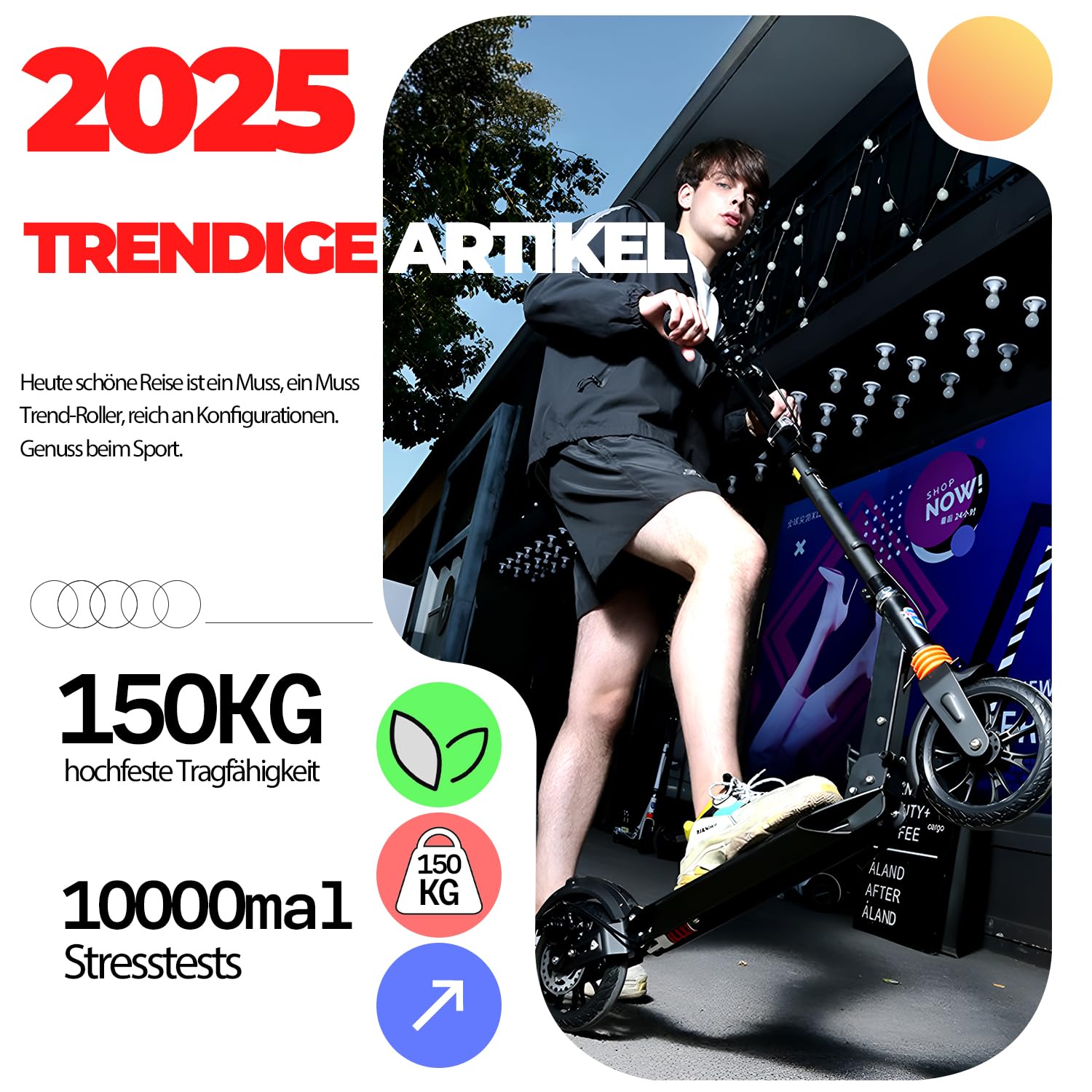 Cityroller Roller für Erwachsene bis 150kg Verstellbar Scooter Robuste Konstruktion 230mm Räder Stoßdämpfende ShockResist-Technologie Hinterradbremse rutschfest ABEC 9