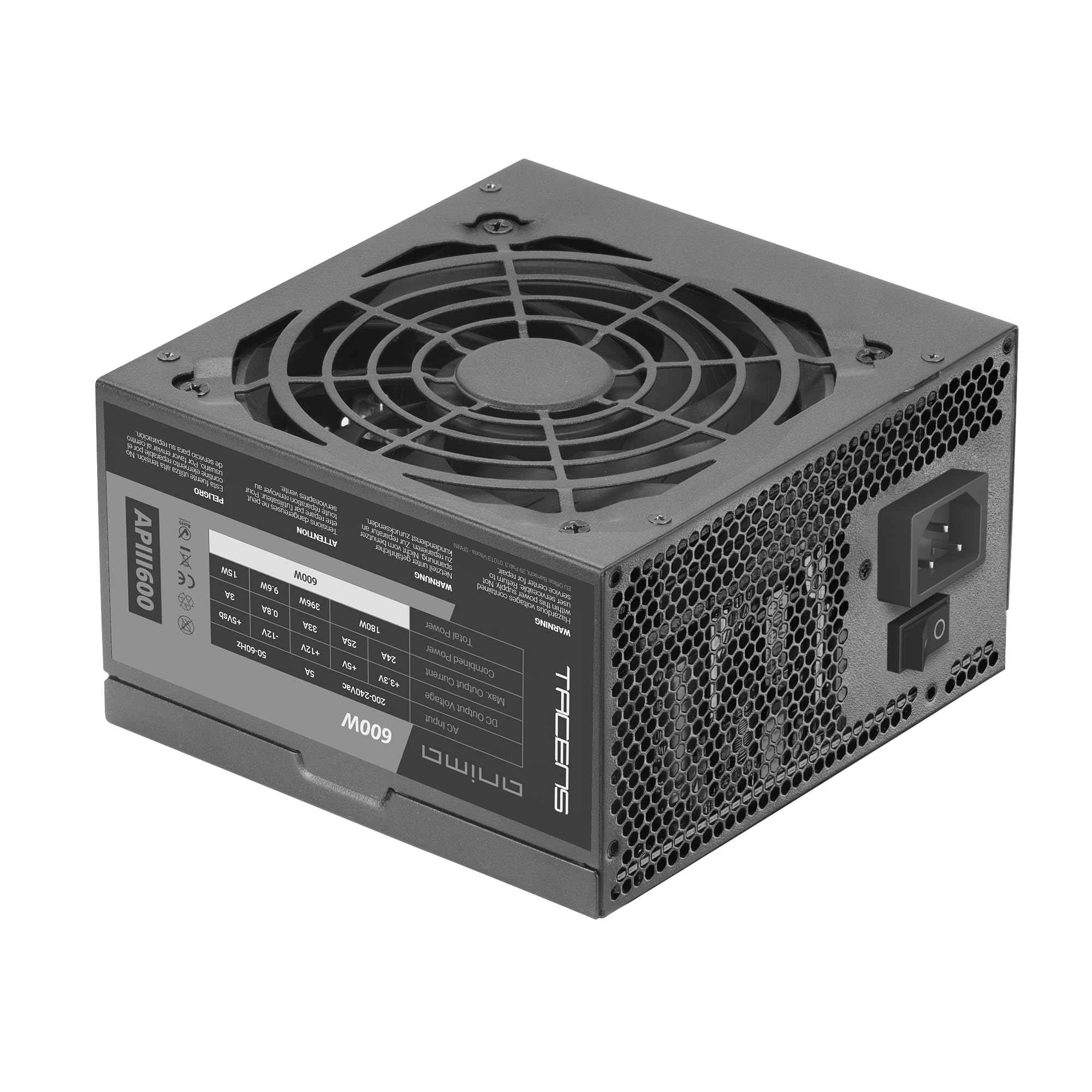 Tacens Anima APIII600, Fuente de Alimentación PC ATX 600W, Tecnología SMD 85% Bronze 12V, Ventilador Ultrasilencioso 120mm, Cables Premium Texturizado, Negro
