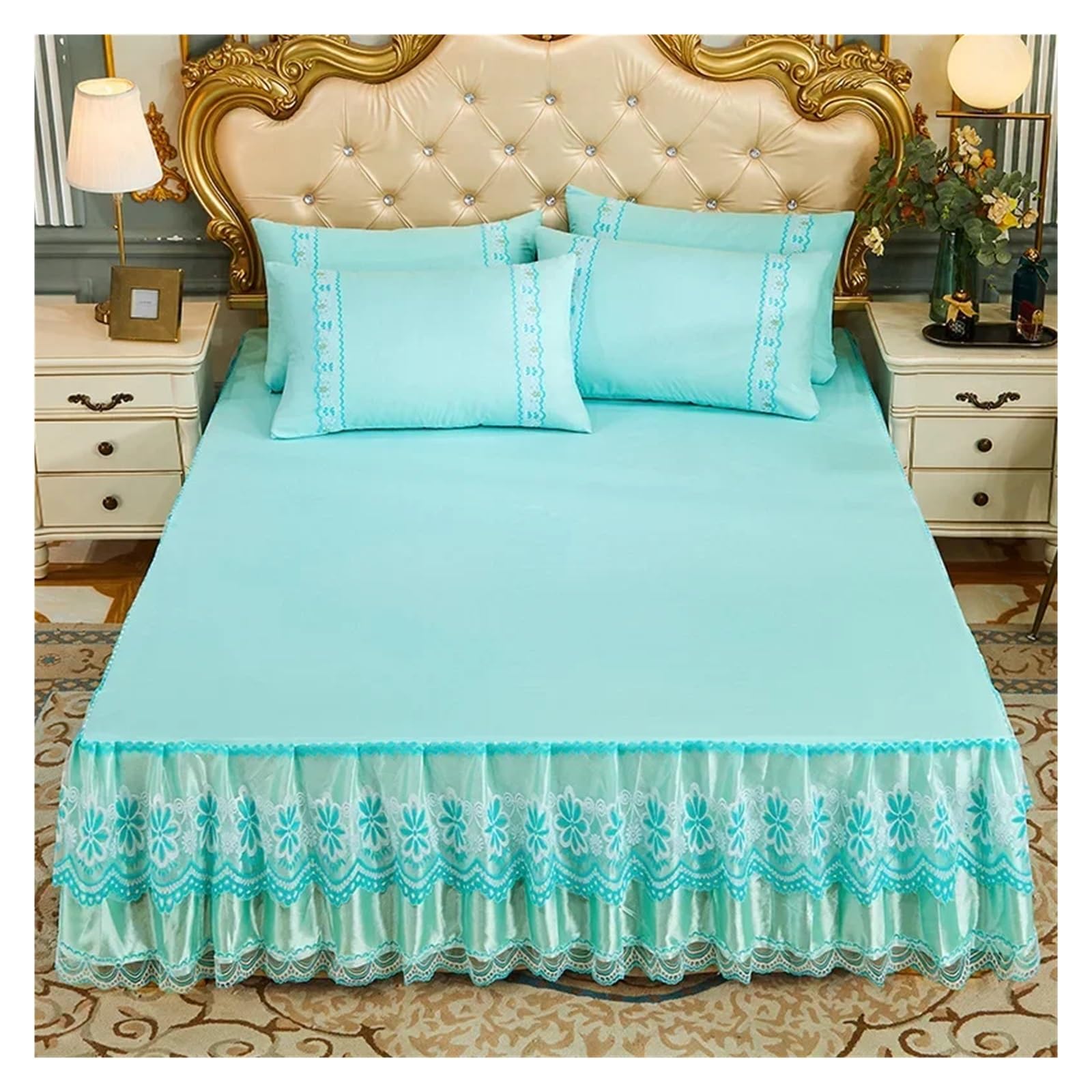 Lace Ruffled Bedroom Bed Skirt Non-slip Mattress Cover Bedspread King Size(Color 16,1PC 180cmx200cm)