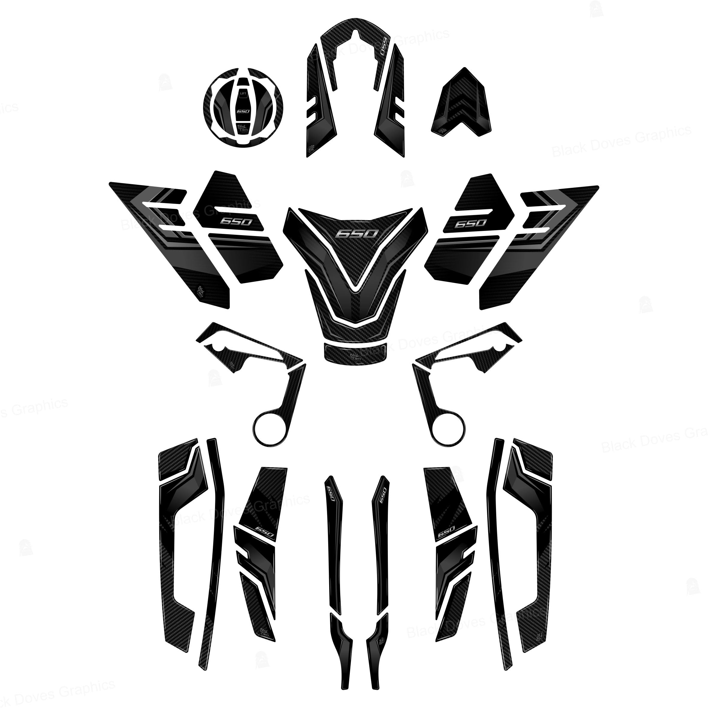 Autocollants 3D Kawasaki Versys 650 résine haut de gamme Black Doves Graphics