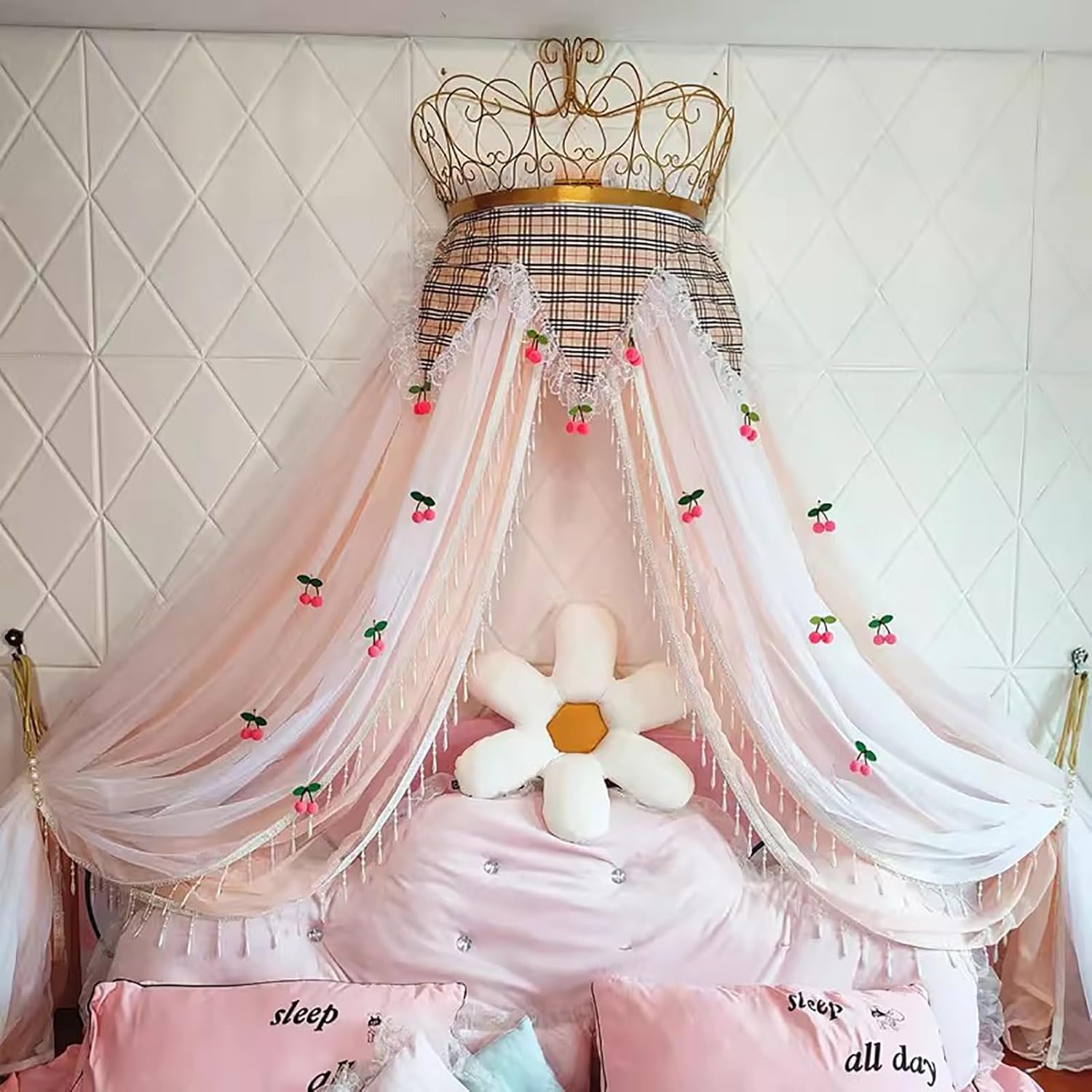 BK&MF Pink Princess Crown Bed Canopy, Double Layer Lace Bed Curtain Cute Cherry Nursery Decor Mosquito Net for Girls Room Children Reading Nook,C,150cm(60") Queen