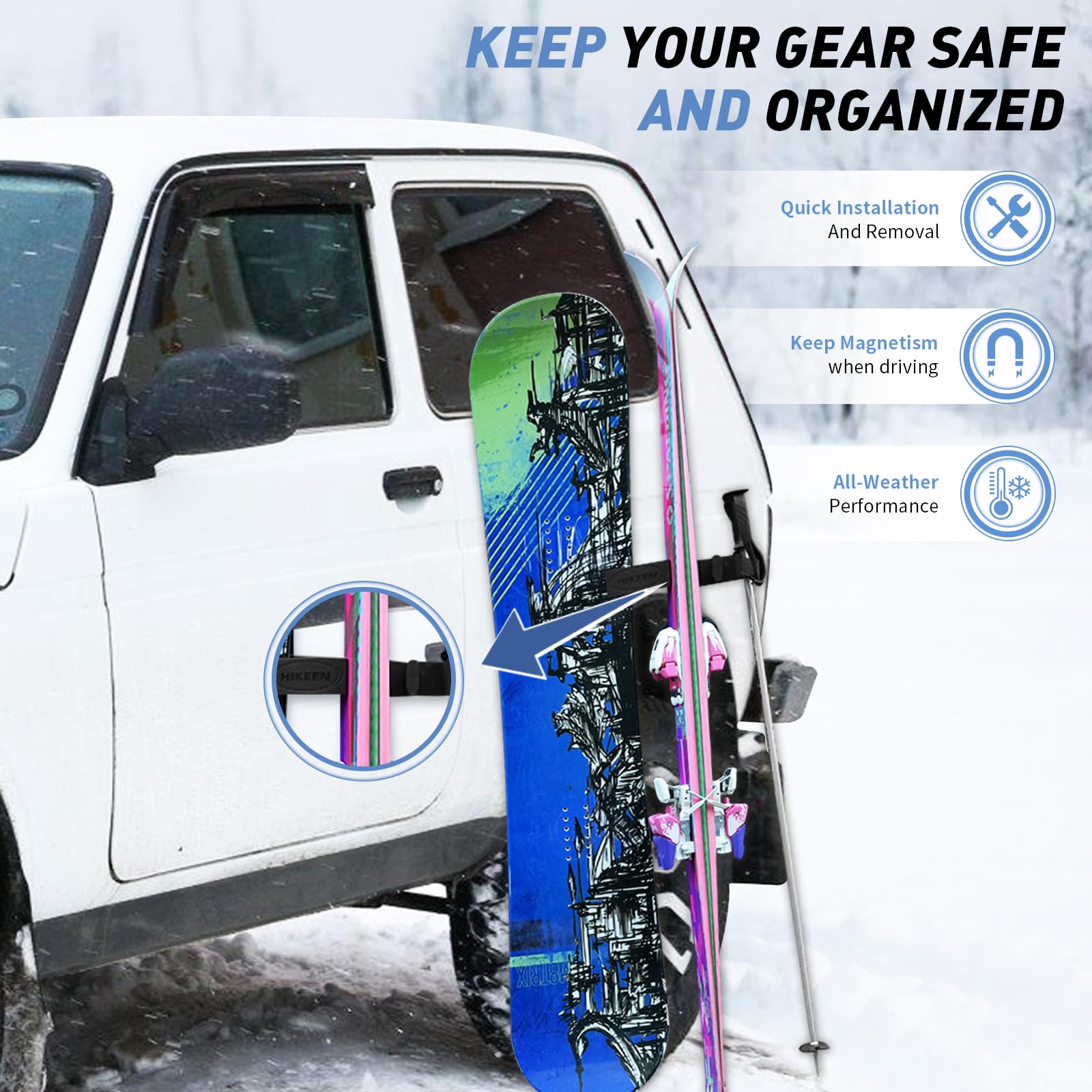 BOOSTEADY Portasci e Tavole da Snowboard Magnetici per Auto, Supporti Antiribaltamento con Protezione Vernice, Fino a 4 Paia di Sci o 2 Snowboard + 2 Bastoncini