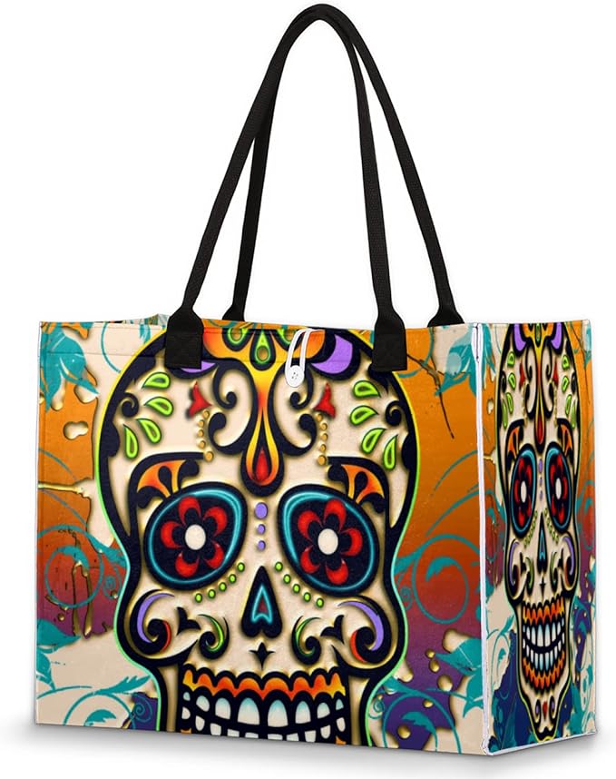Beach Tote Bag Mexico Day Of The Dead Sugar Skull Large Travel Bag Utility Tote Bag Women Shoulder Bag Reusable Grocery Bag with Zipper Pouch for Travel Shopping Work School