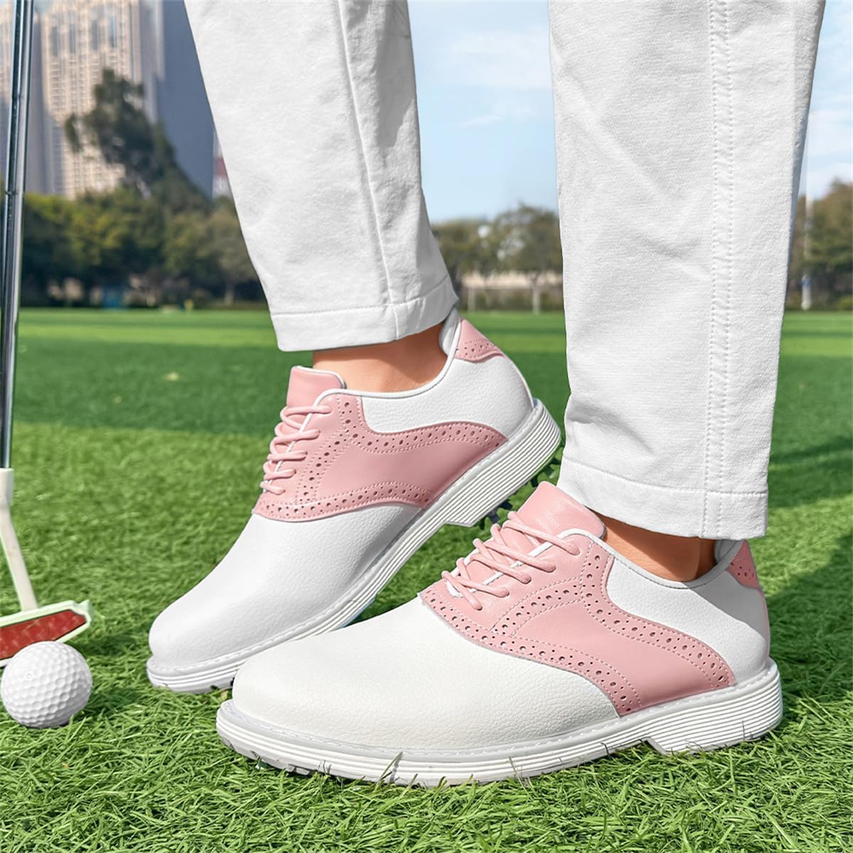 Spiked Golf Shoes for Ladies, Waterproof Leather Upper Cushioning Golfing Sport Training Walking Sneakers Comfortable
