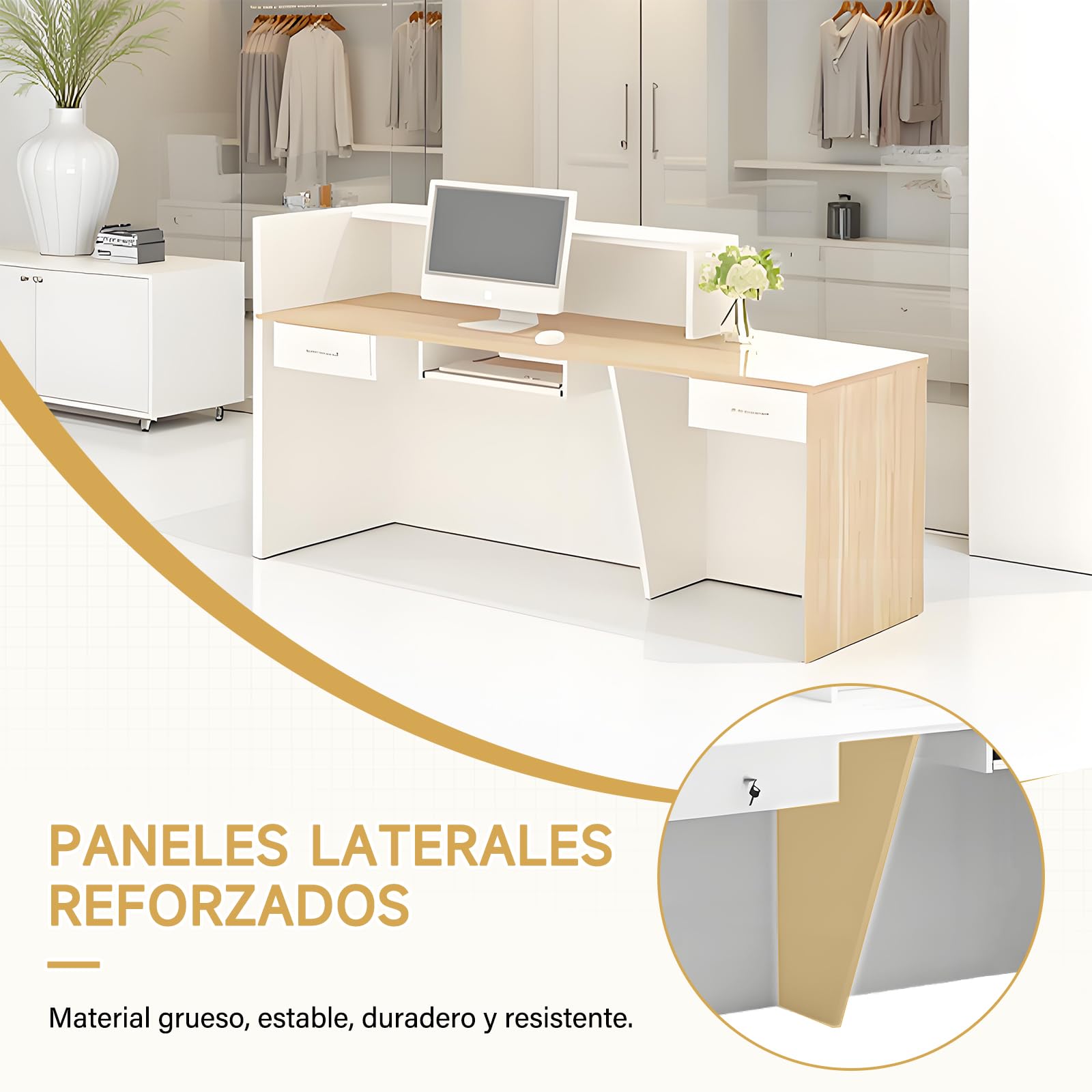 Mostrador Recepción Moderno de 100 A 240 cm con Cajón y Estantes Abiertos Mueble para Oficina Salón de Belleza Tienda o Área de Entrada