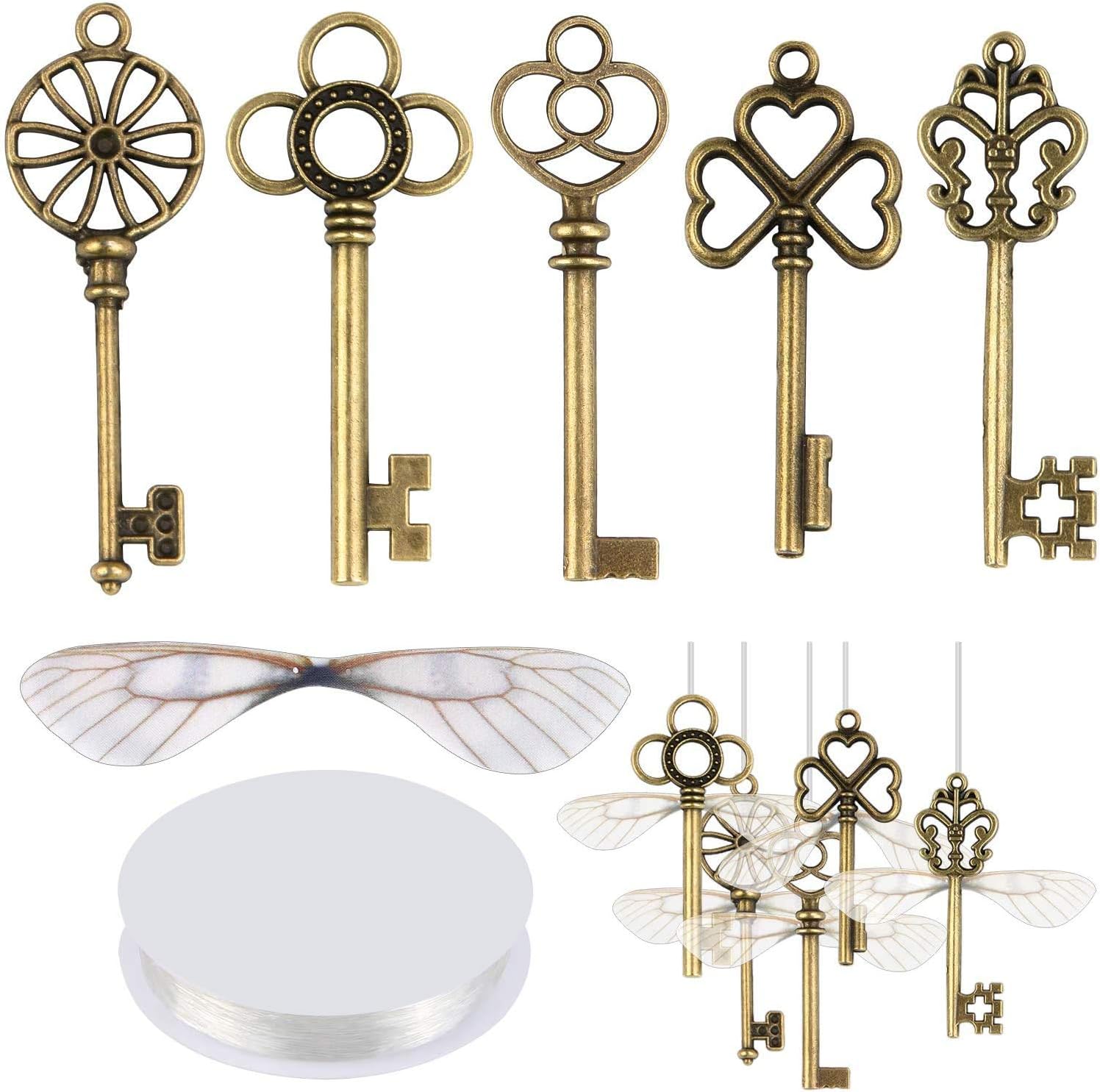 SANNIX 50 PCS Vintage Skeleton Keys Flying Keys with 50 Pairs Dragonfly Wings and 30 Yards Elastic Crystal String for DIY Christmas Decorations