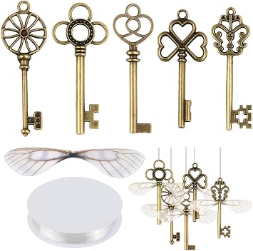 SANNIX 50 PCS Vintage Skeleton Keys Flying Keys with 50 Pairs Dragonfly Wings and 30 Yards Elastic Crystal String for DIY Christmas Decorations