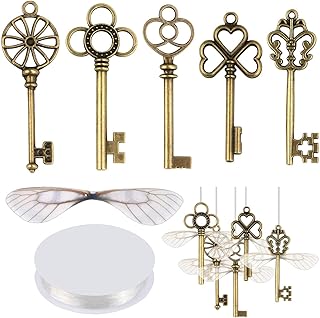 SANNIX 50 PCS Vintage Skeleton Keys Flying Keys with 50 Pairs Dragonfly Wings and 30 Yards Elastic Crystal String for DIY Christmas Decorations