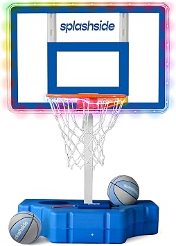 JoyBerri Pool Basketball Hoop Adjustable, LED Lights, Rust-Resistant | Poolside hoop with premium balls, pump & easy setup stainless steel, 5-year protection, day & night play