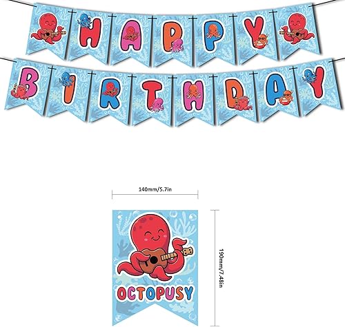 Miniatura 3 de Suministros de fiesta de cumpleaños de pulpo, decoraciones de fiesta de pulpo, incluye pancarta de feliz cumpleaños, globos, decoración de tartas,