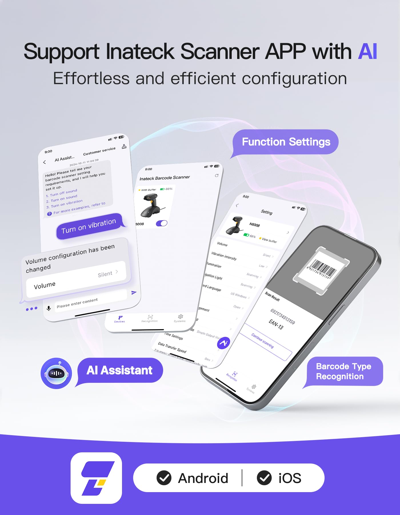 Inateck Kabelloser Barcode Scanner QR Code Scanner 1D 2D Bluetooth 2.4G USB 3-in-1 Kompatibel Windows iOS Android Mac Linux