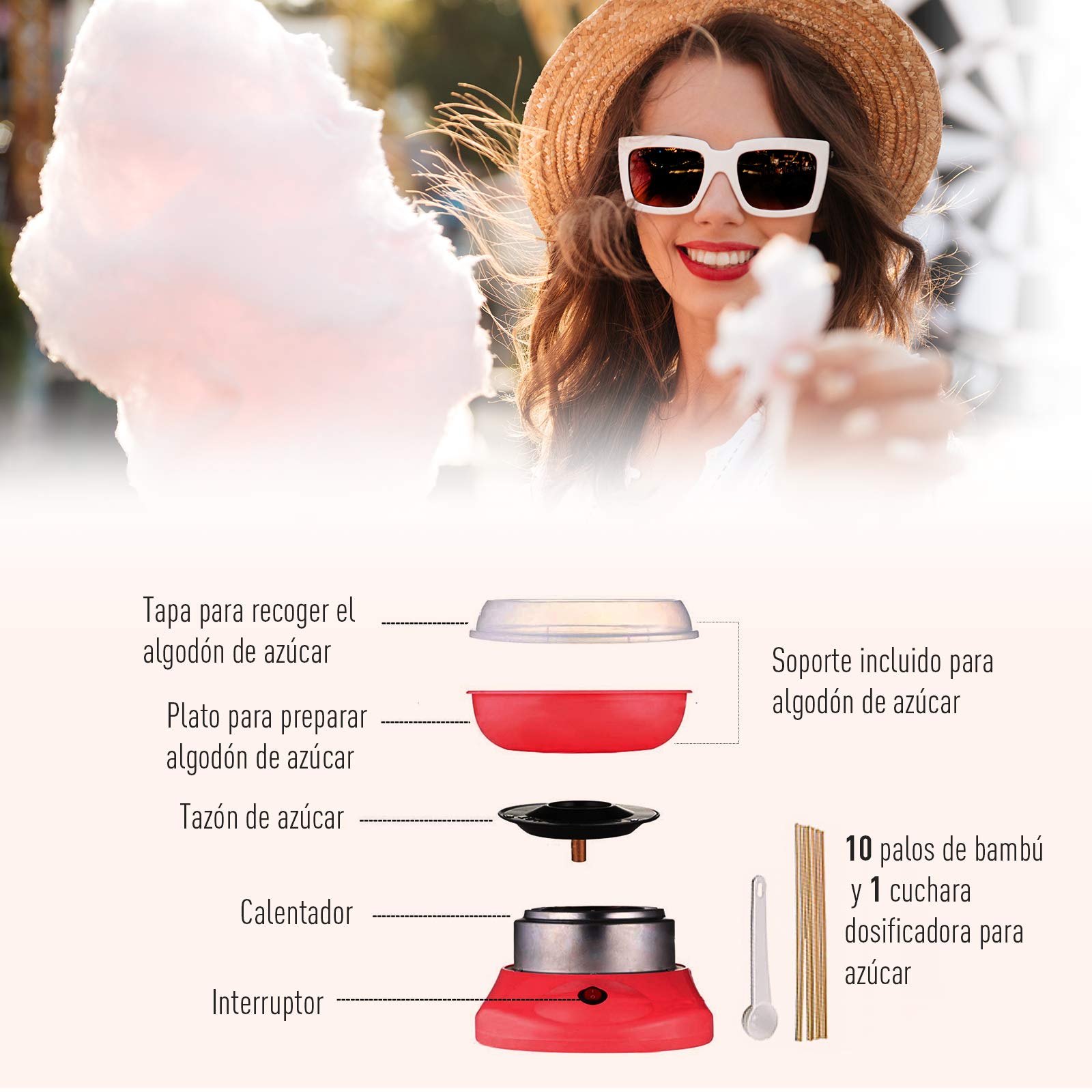 HOMCOM Máquina de Algodón de Azúcar, 450W-550W, Máquina para Hacer Algodón de Azúcar con 10 Palitos, para Fiestas de Cumpleaños Infantiles, en Casa, 27x26x18 cm, Rojo