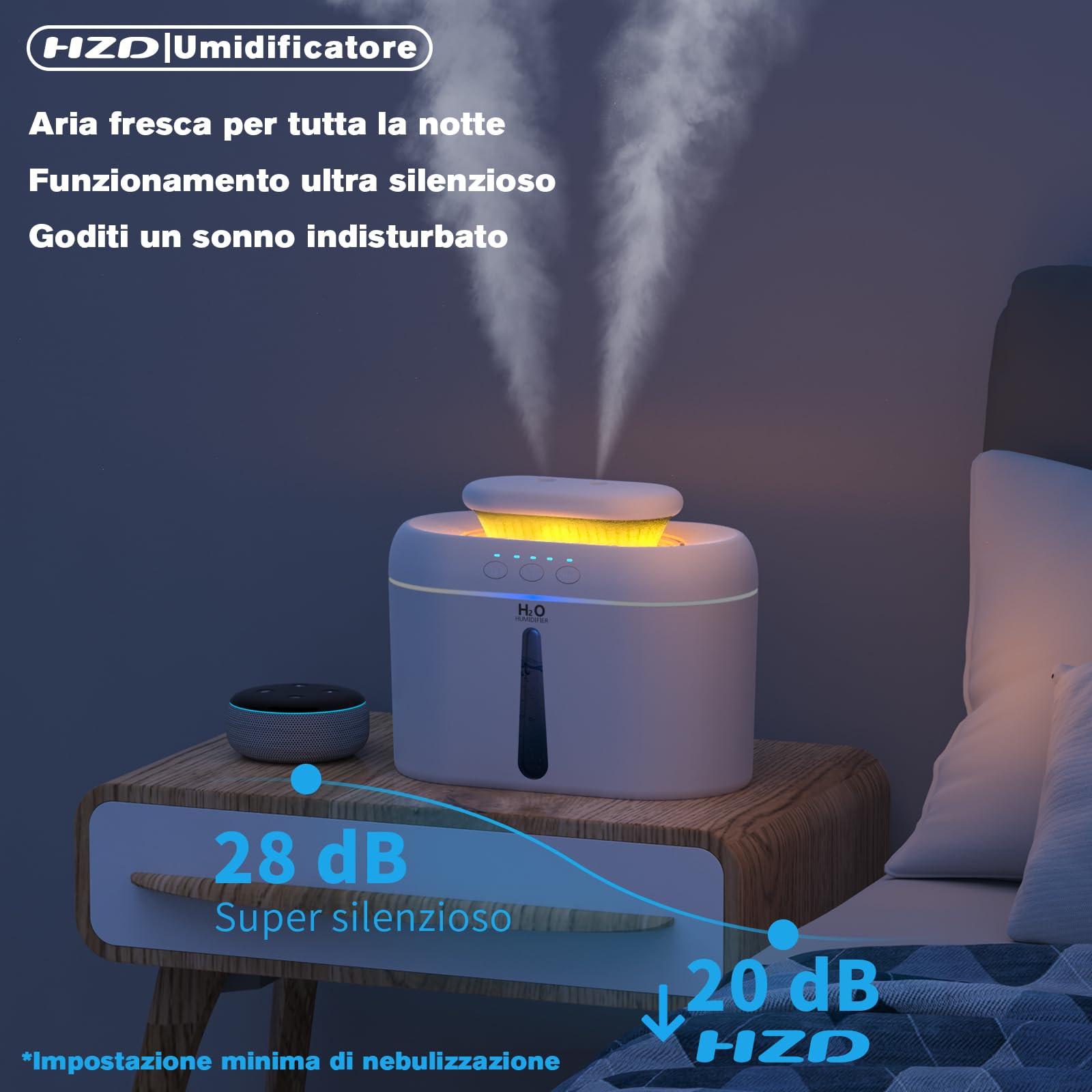 Umidificatore Ambiente Bambini, 2L Umidificatore Camera da Letto, 20 dB Silenziosi Umidificatore per Camerette, Piante e Uffici, con Timer di Spegnimento Automatico e Funzione Luce Notturna (Bianco)