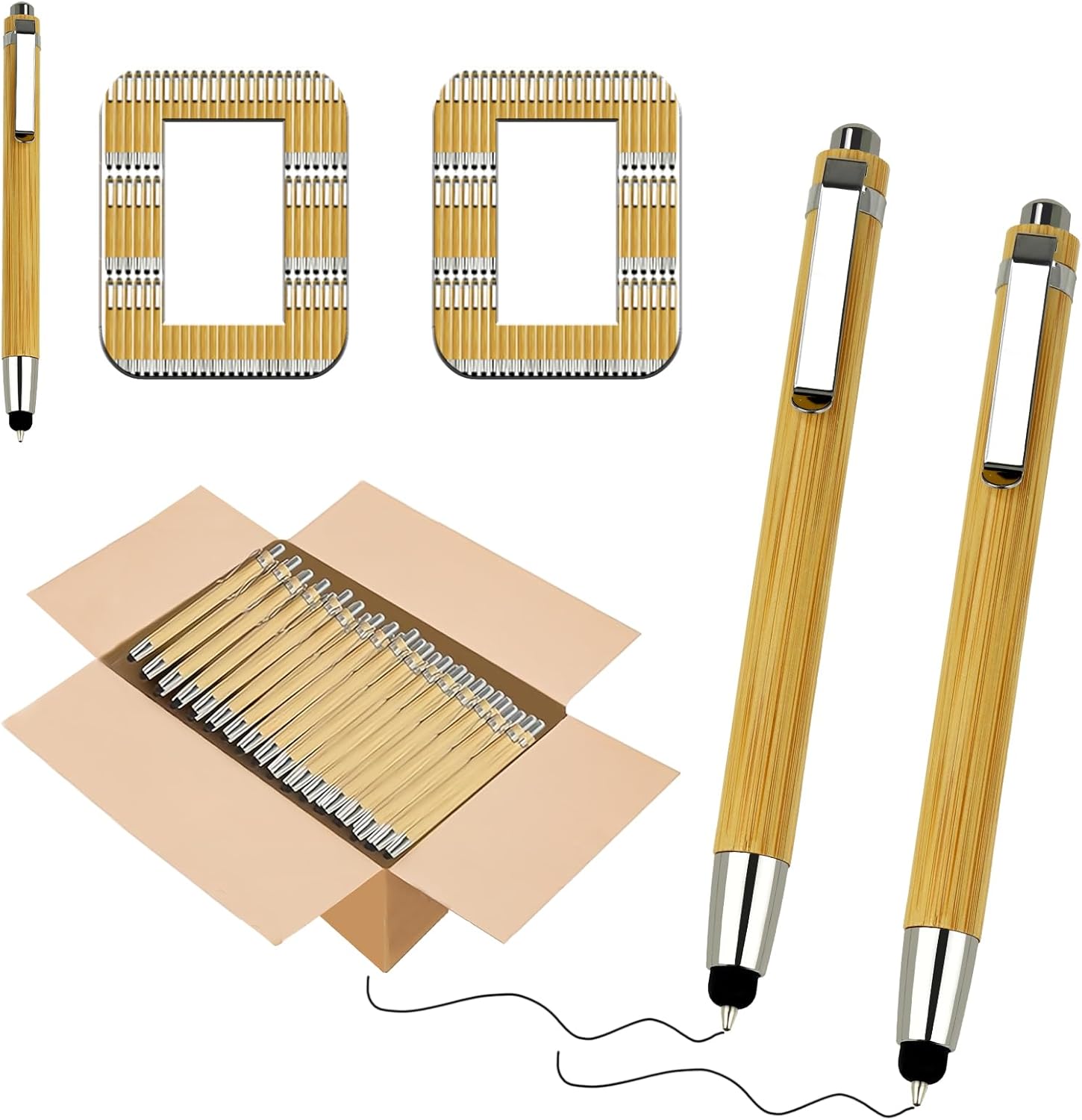 YUNCHUN 100PCS Bamboo Pens Bulk, Wooden Pens with 2-in-1 Stylus Tip, Pen Set for Employee Appreciation Gifts, Click Ballpoint Pen for Writing, Medium Point and Black Ink