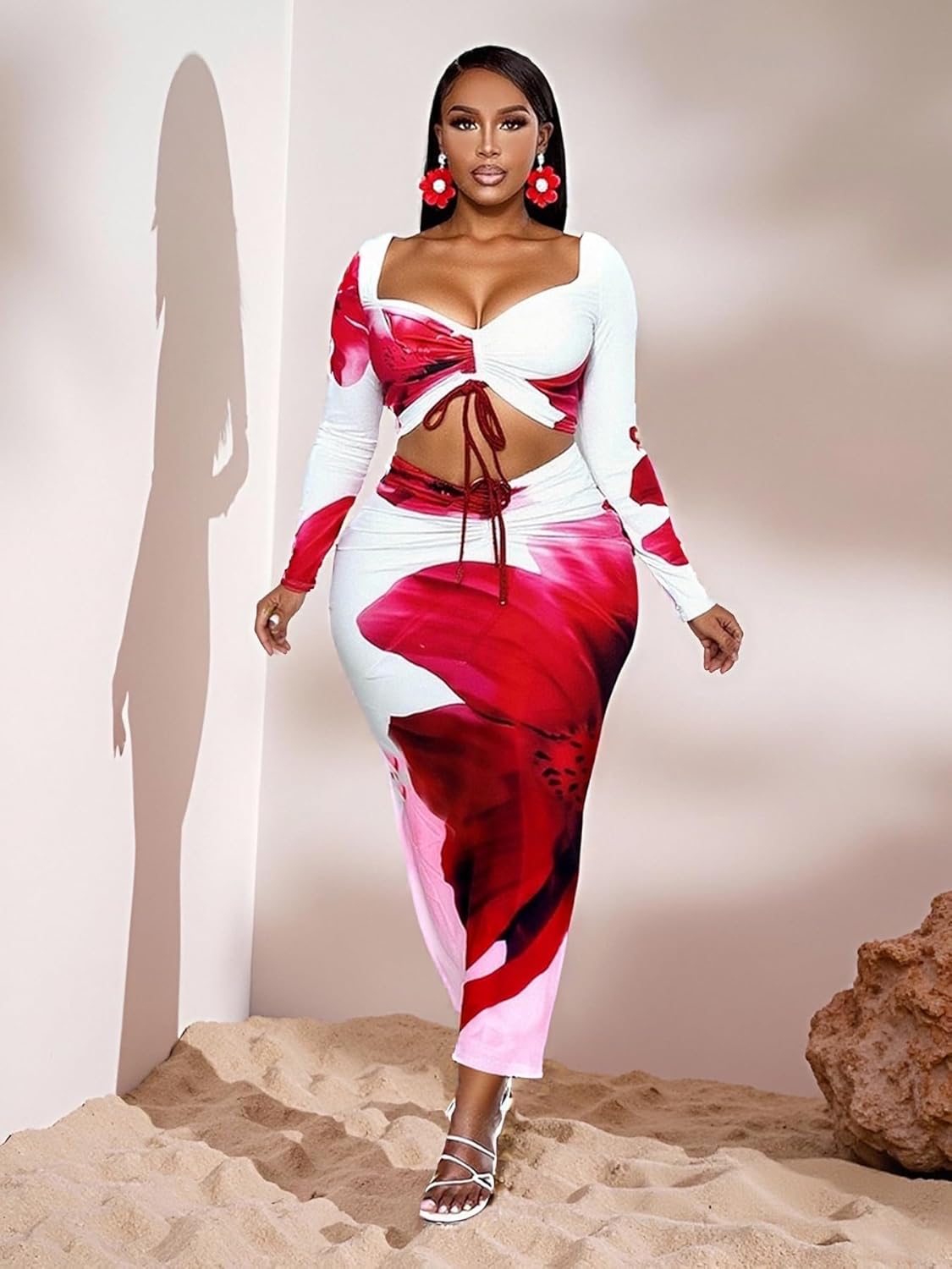 Women's 2-Pc Sexy Slim Floral Print Set: Long-Sleeve Short Top & Slit Long Skirt, Ideal Vacation Beach Dress